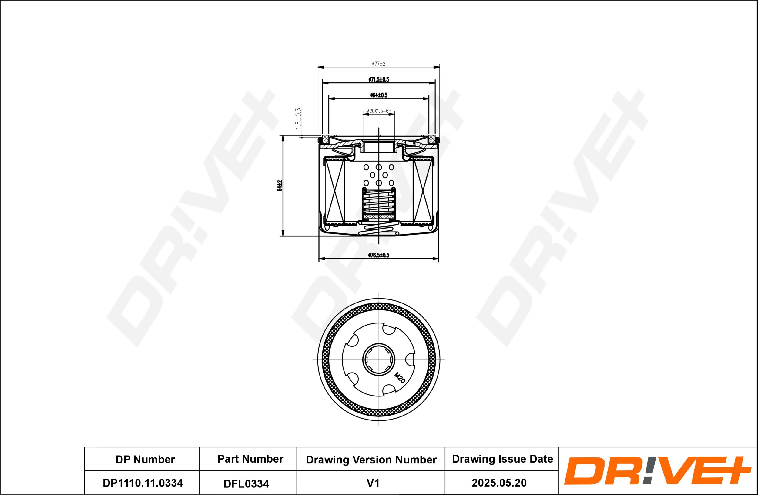 DR!VE+ Oliefilter dp1110110334 Påskruet 50mm M20X1.5-6H for SSANGYONG HONDA