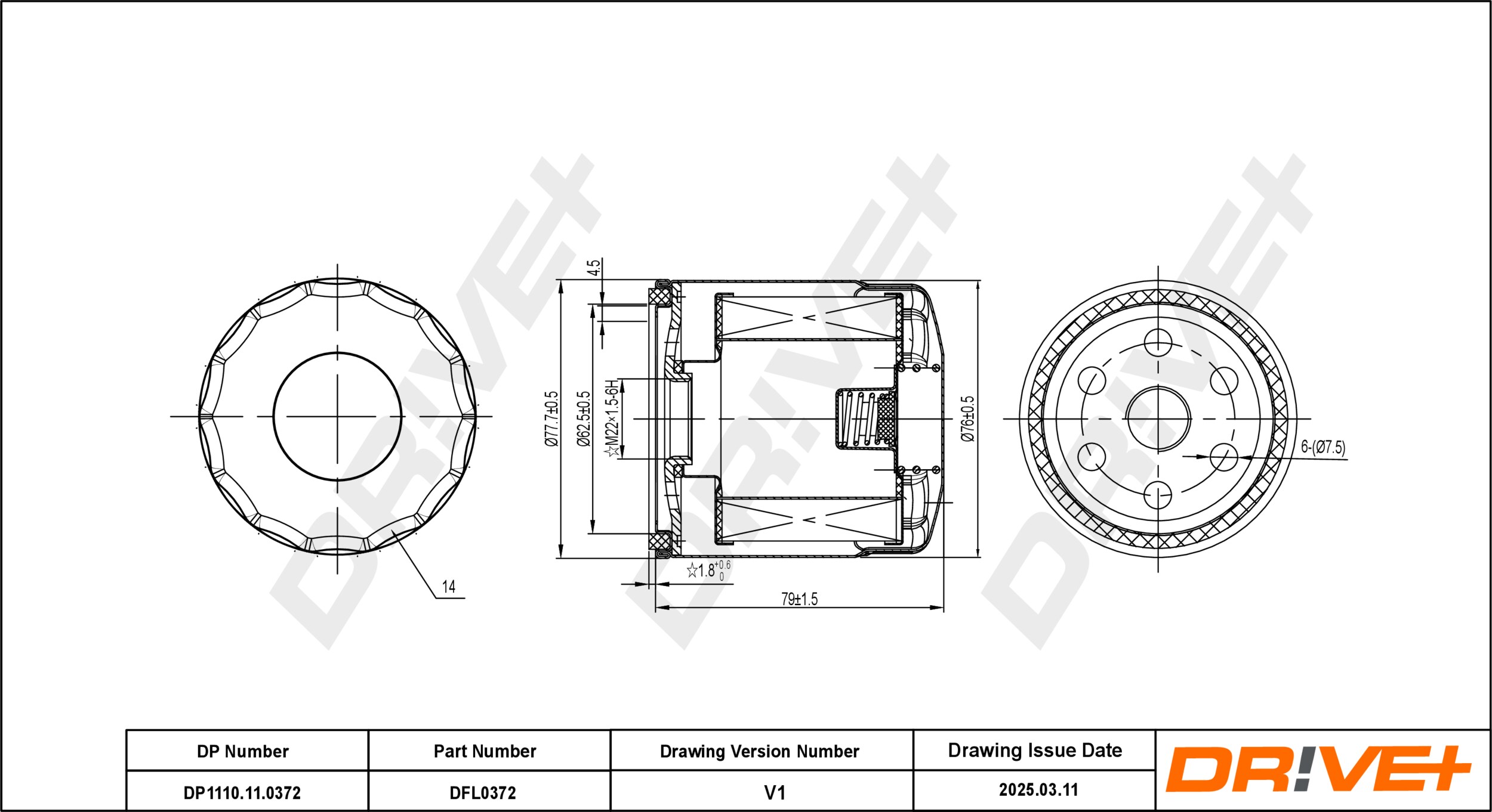 DR!VE+ Oliefilter dp1110110372 Påskruet 79mm M22x1.5-6H for FORD