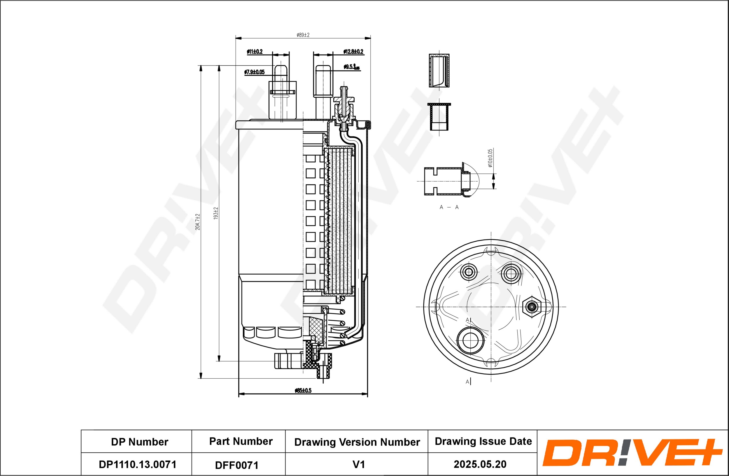DR!VE+ Brændstof-filter dp1110130071 med filtervarme inlet__mm_916|Indgangs-Ø [mm]|7,9 outlet__mm_917|Udgangs-Ø [mm]|9,5 205mm for FORD FIAT