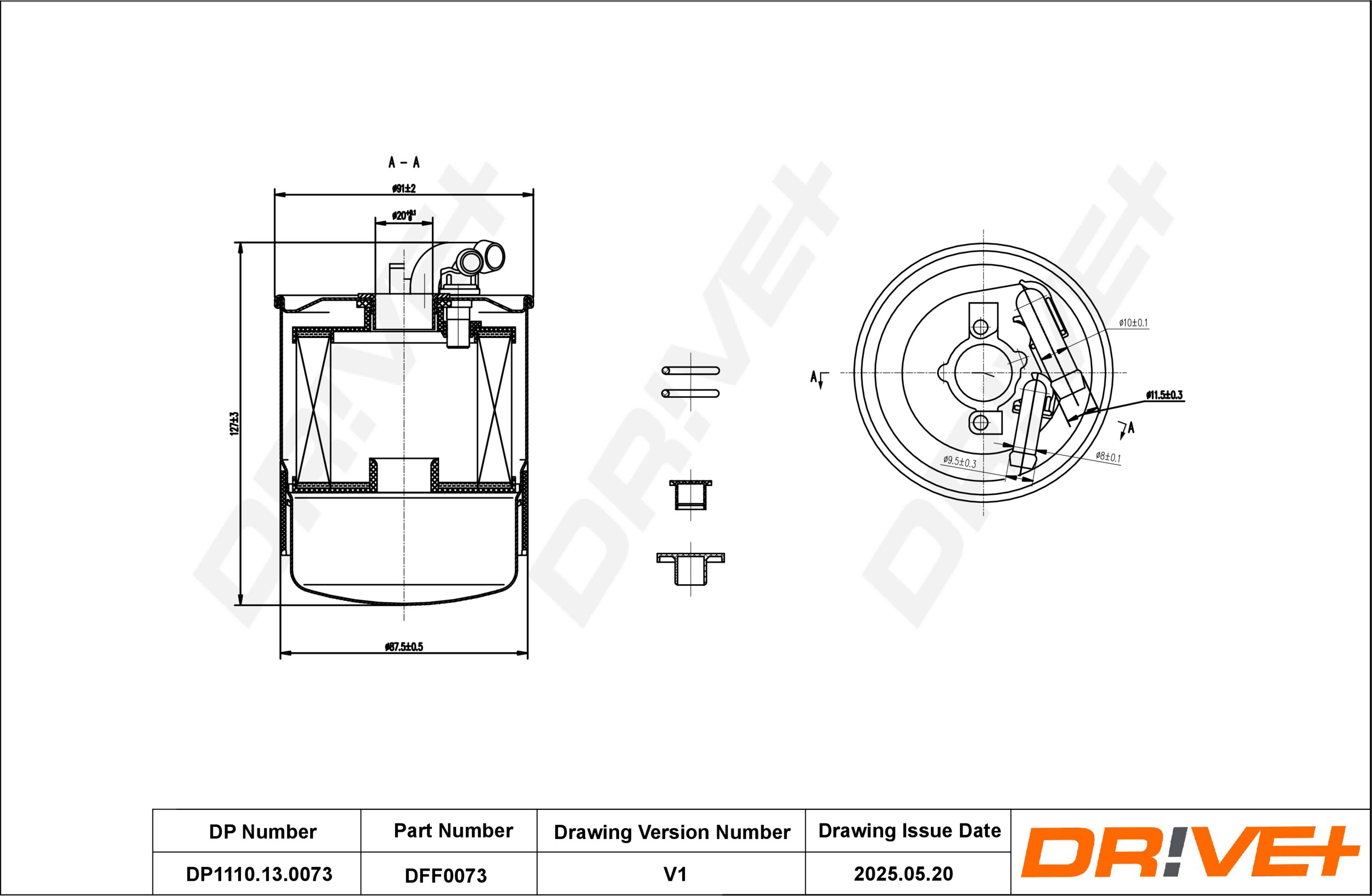 DR!VE+ Brændstof-filter dp1110130073 med filtervarme inlet__mm_916|Indgangs-Ø [mm]|10 outlet__mm_917|Udgangs-Ø [mm]|8 127mm for CHRYSLER MERCEDES-BEN
