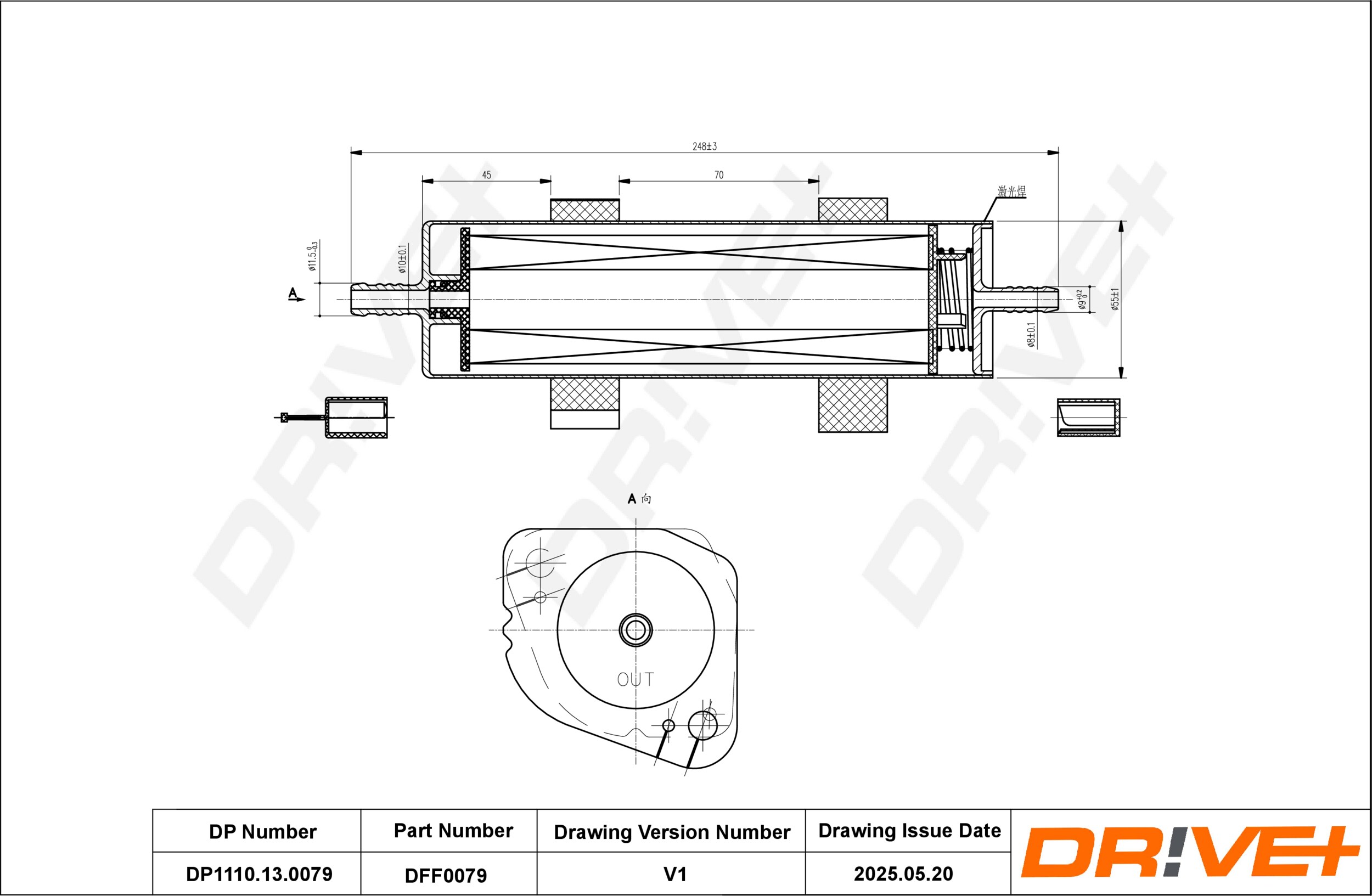 DR!VE+ Brændstof-filter dp1110130079 Lednings 248mm for VW VAG