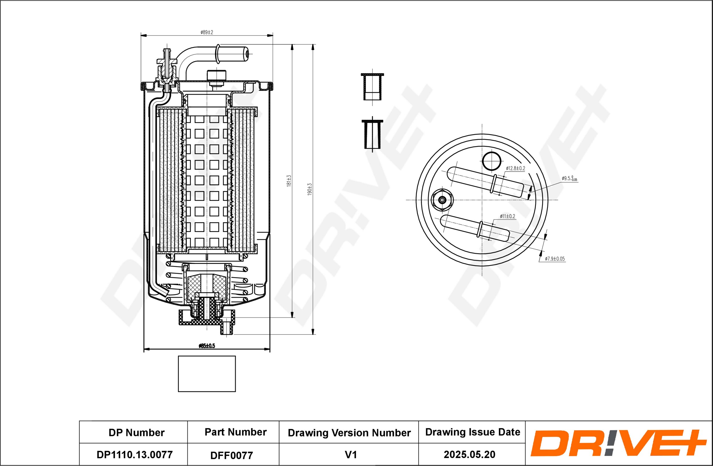 DR!VE+ Brændstof-filter dp1110130077 Filterindsats inlet__mm_916|Indgangs-Ø [mm]|8 outlet__mm_917|Udgangs-Ø [mm]|9,5 190mm for OPEL GENERAL MOTORS