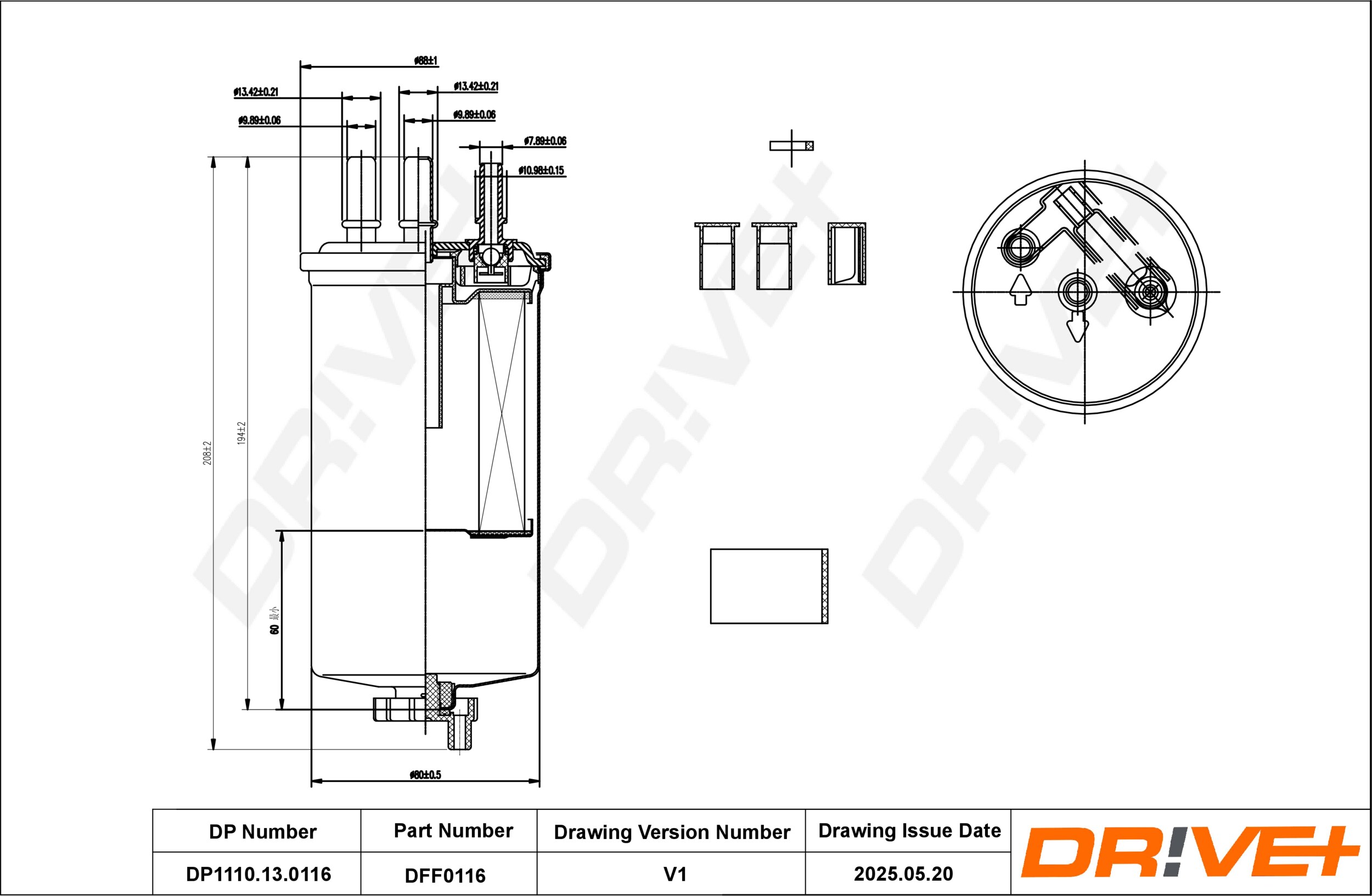DR!VE+ Brændstof-filter dp1110130116 Lednings 208mm for RENAULT DACIA