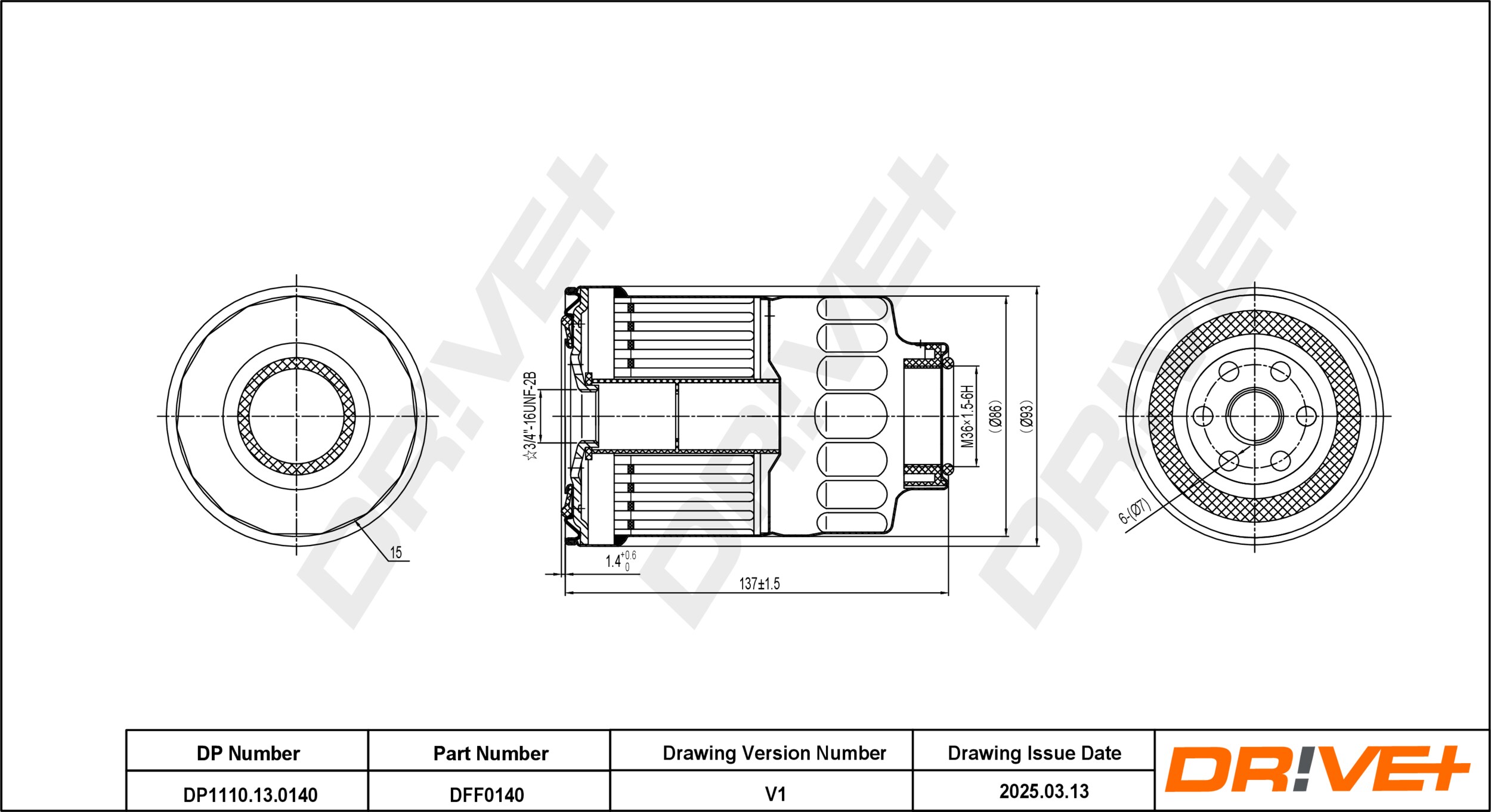 DR!VE+ Brændstof-filter dp1110130140 Påskruet 141mm for FORD NISSAN