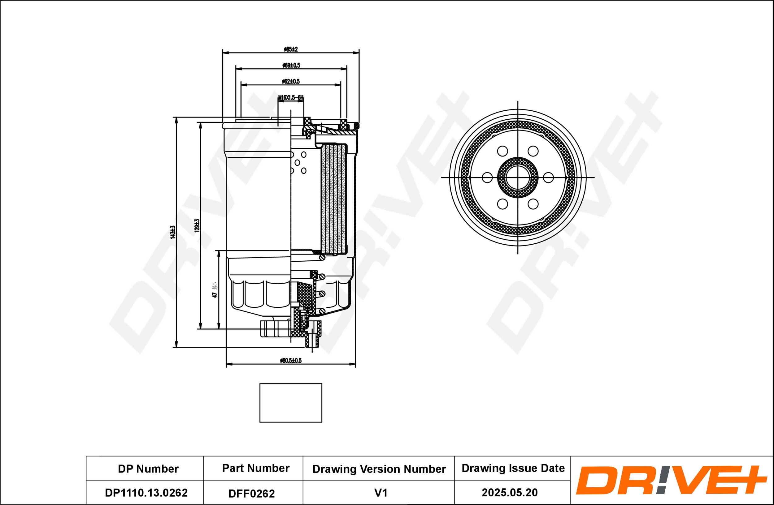 DR!VE+ Brændstof-filter dp1110130262 Påskruet 143mm M16X1.5-6H for JEEP LANCIA
