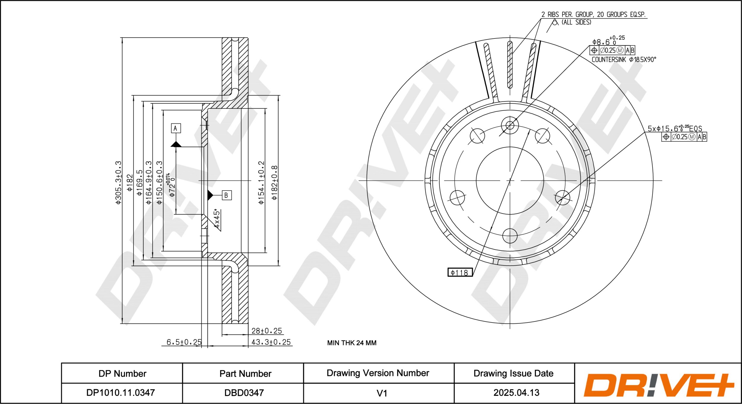 DR!VE+ Bremseskive dp1010110347 foraksel ventileret 306mm 28mm for OPEL VAUXHALL NISSAN RENAULT