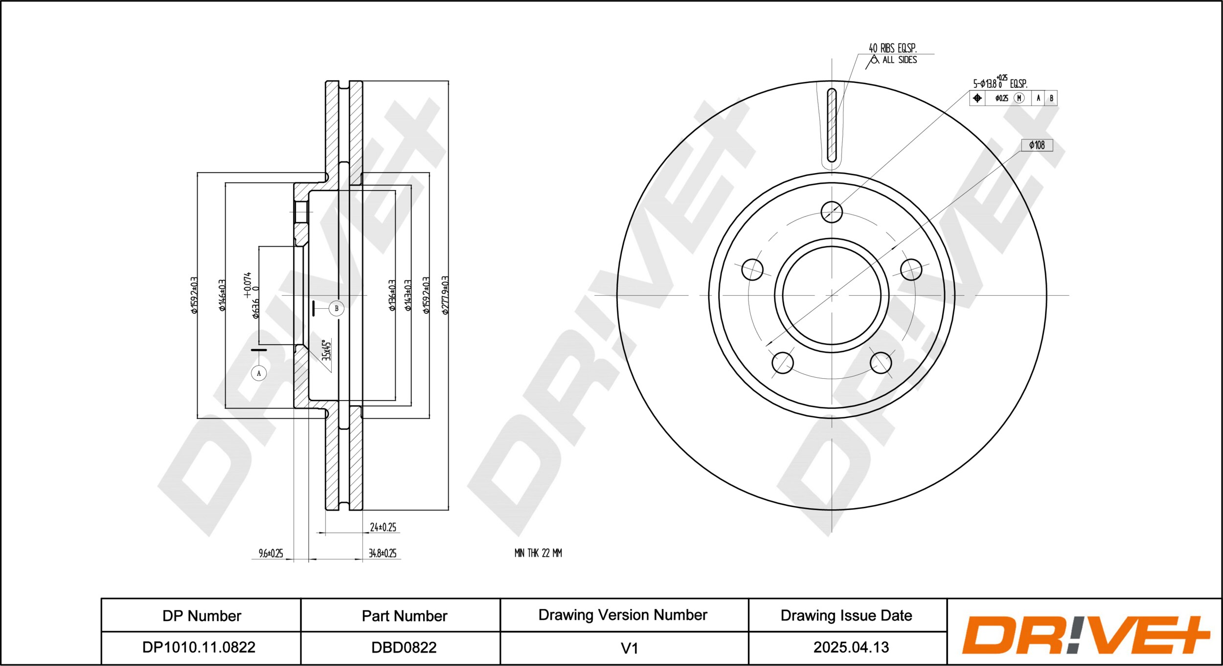 DR!VE+ Bremseskive dp1010110822 foraksel ventileret 278mm 24mm for FORD