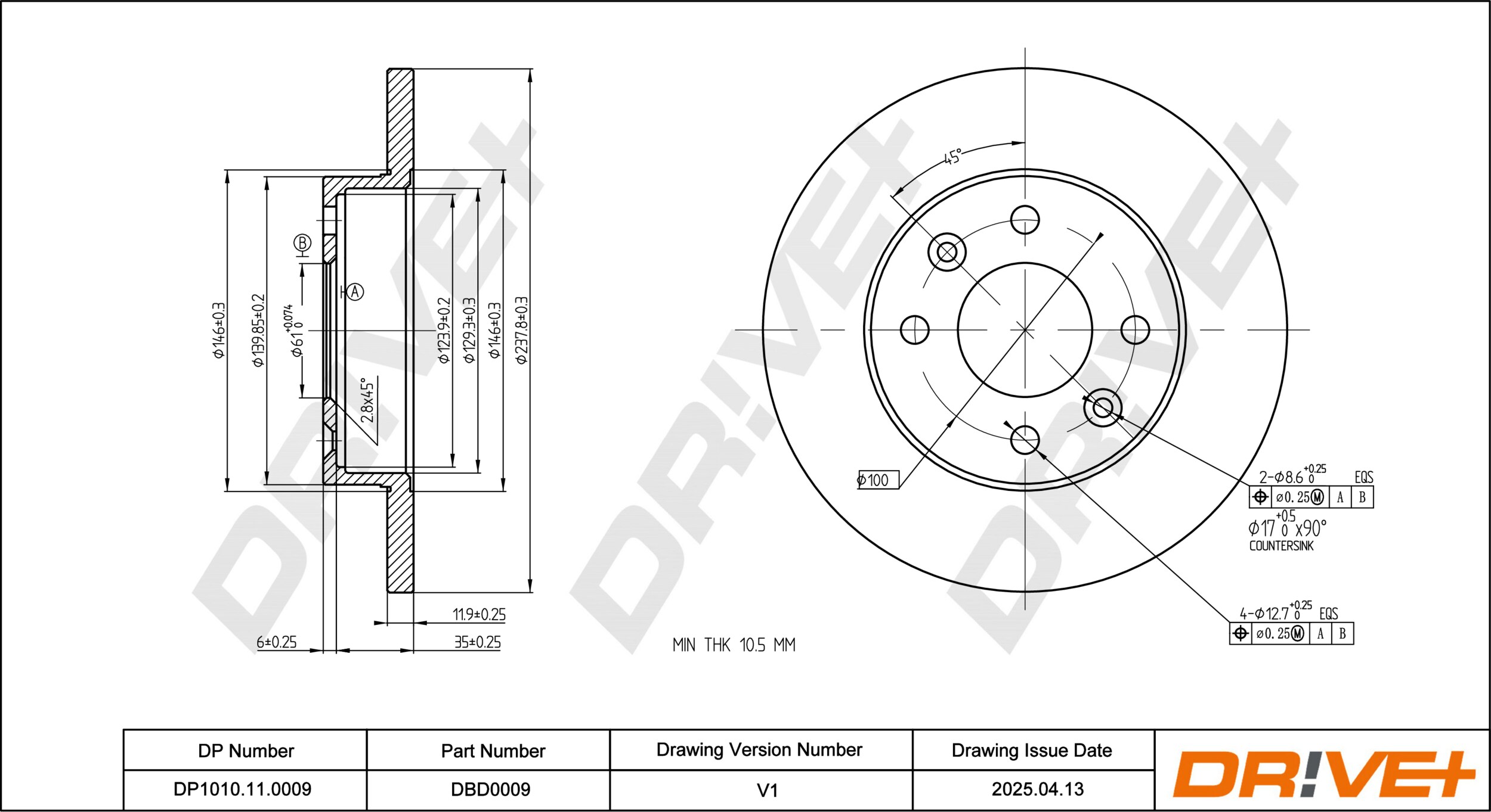 DR!VE+ Bremseskive dp1010110009 foraksel fuld 238mm 12mm for DACIA RENAULT