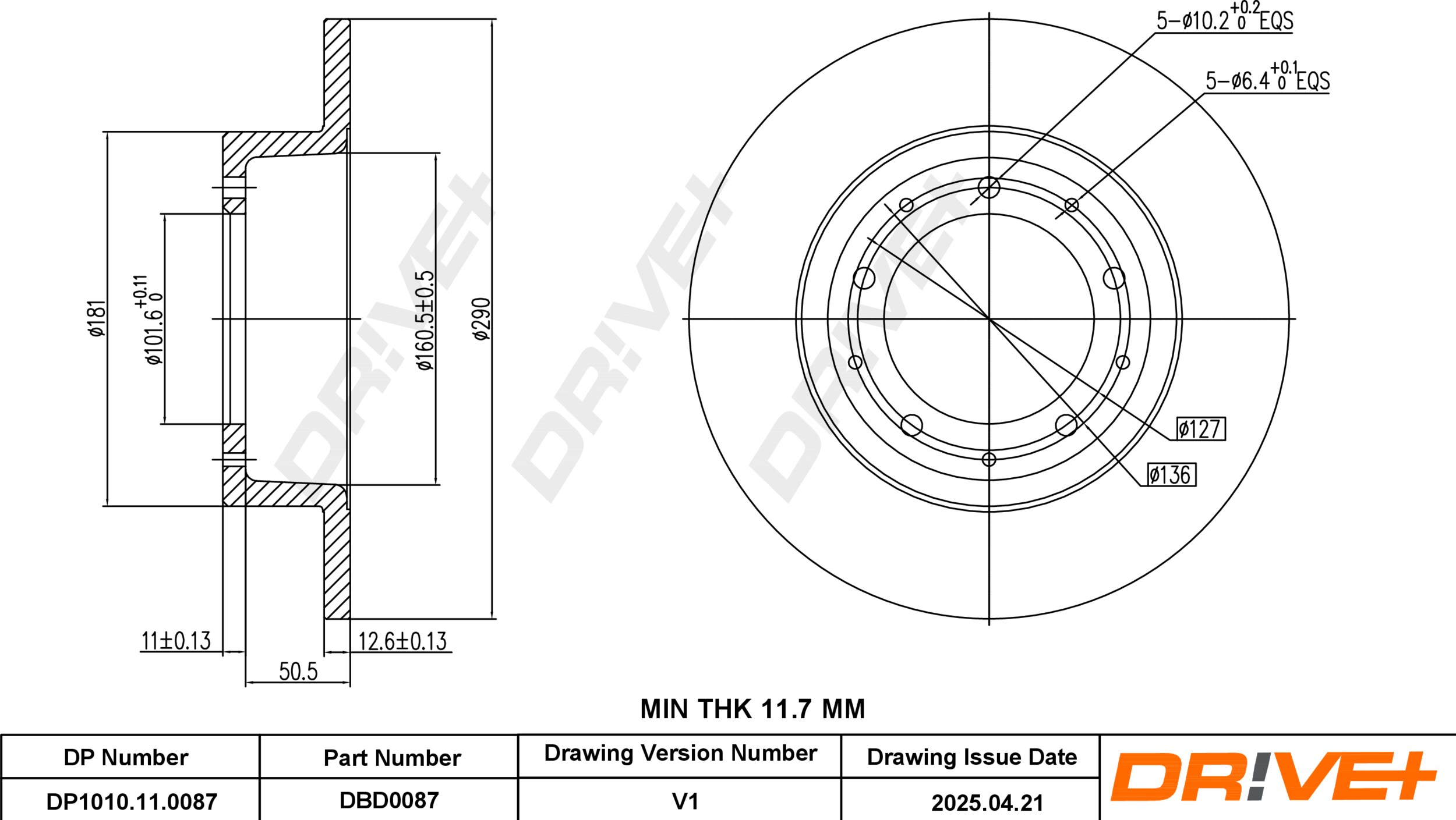 DR!VE+ Bremseskive dp1010110087 bagaksel fuld 290mm 12,6mm for LAND ROVER ROVER