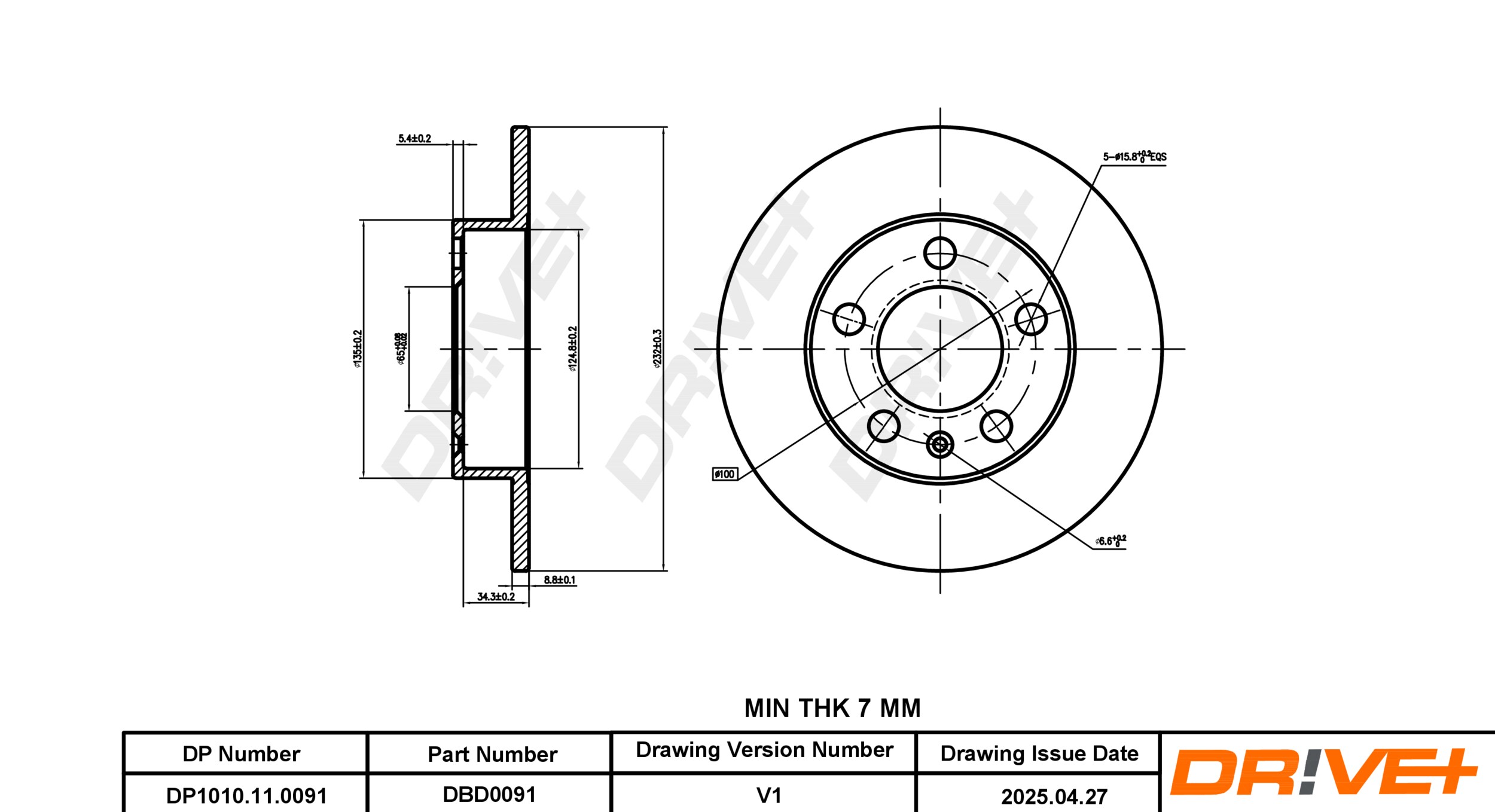 DR!VE+ Bremseskive dp1010110091 bagaksel fuld 232mm 9mm for BRILLIANCE VW VW (FAW) SKODA (SVW)