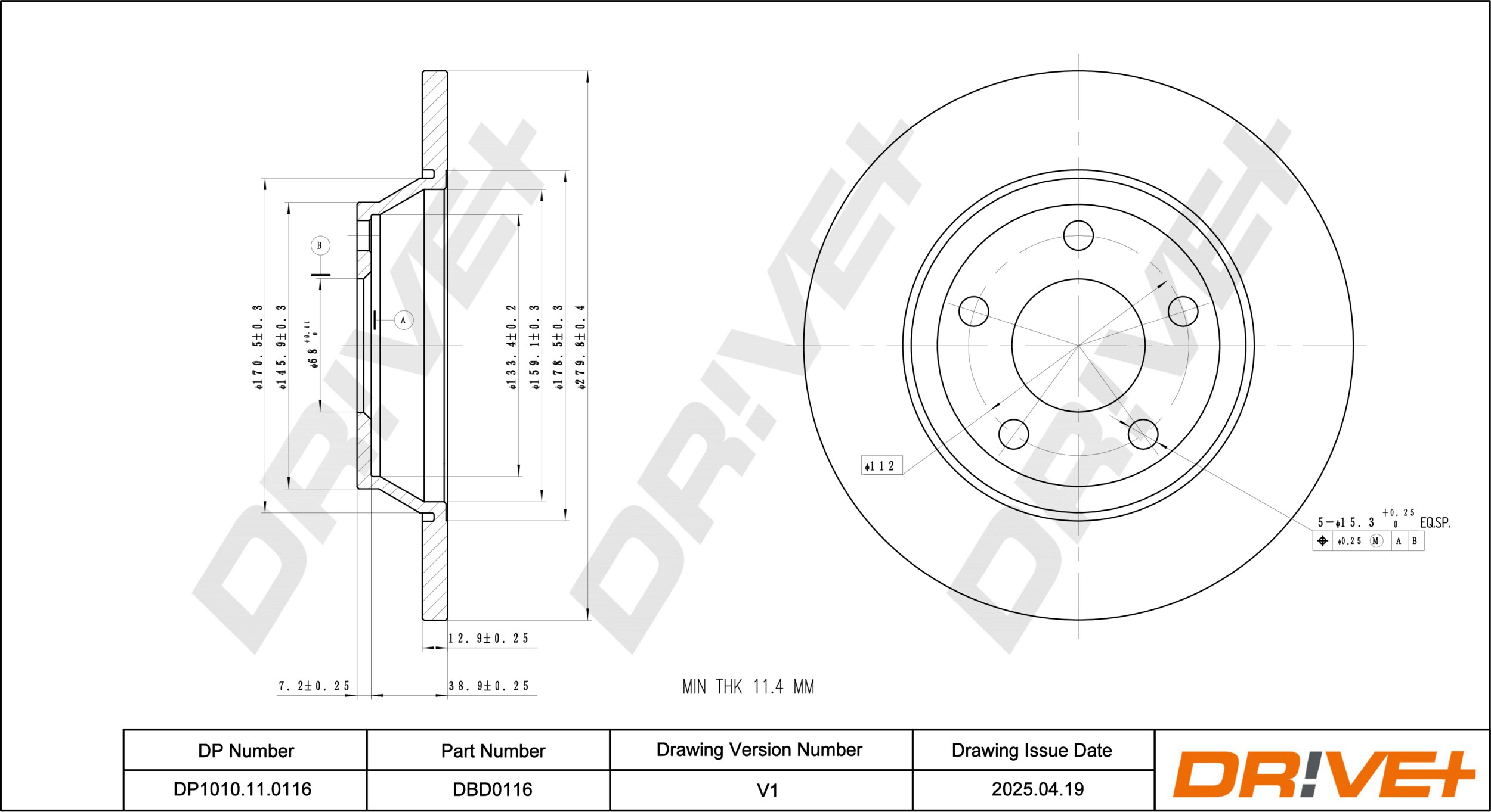 DR!VE+ Bremseskive dp1010110116 foraksel fuld 280mm 13mm for AUDI VW