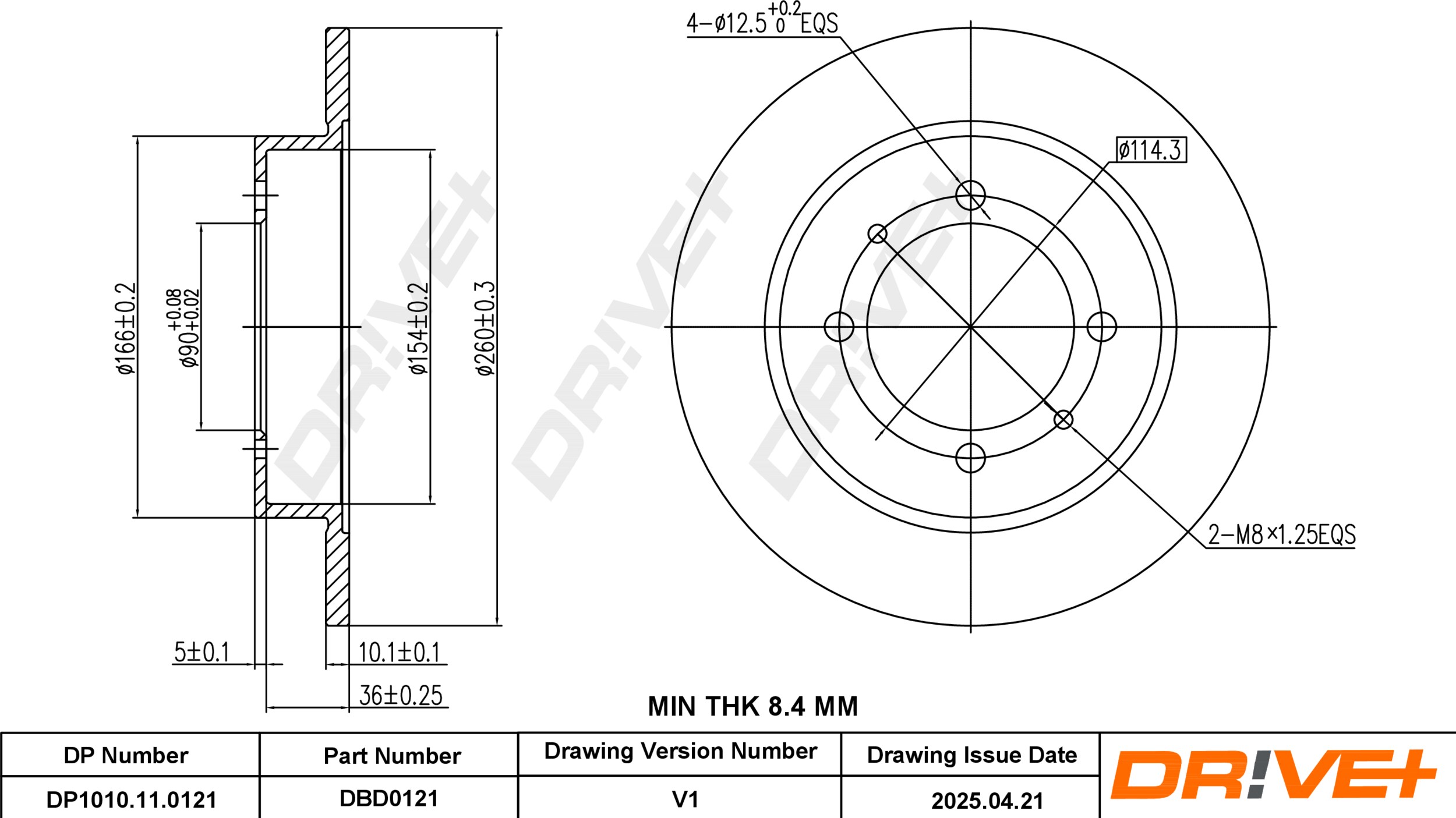 DR!VE+ Bremseskive dp1010110121 bagaksel fuld 260mm 10mm for VOLVO PROTON MITSUBISHI