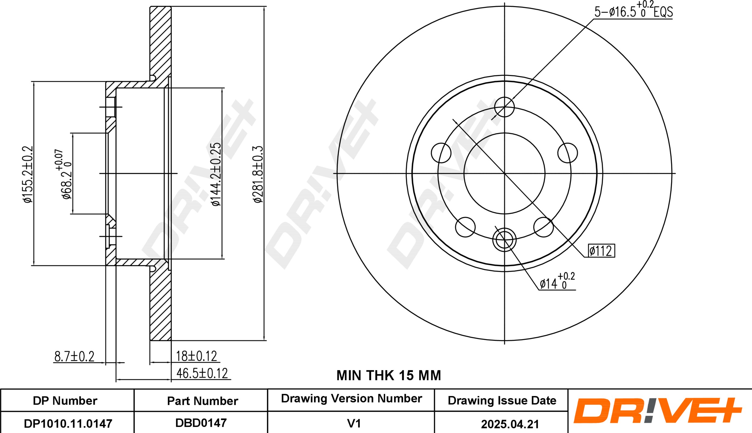 DR!VE+ Bremseskive dp1010110147 foraksel fuld 282mm 18mm for VW