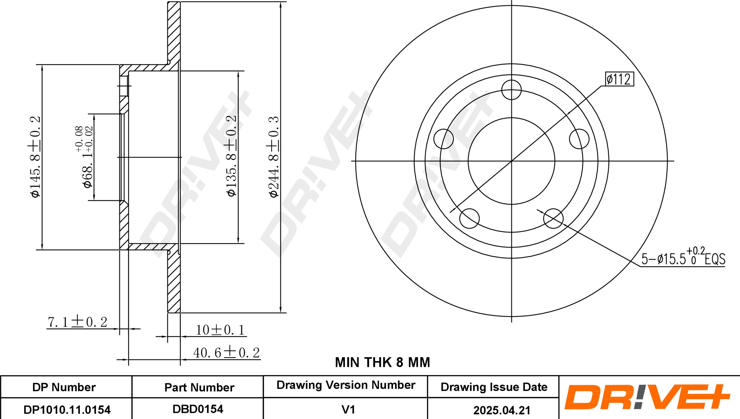DR!VE+ Bremseskive dp1010110154 bagaksel fuld 245mm 10mm for VW