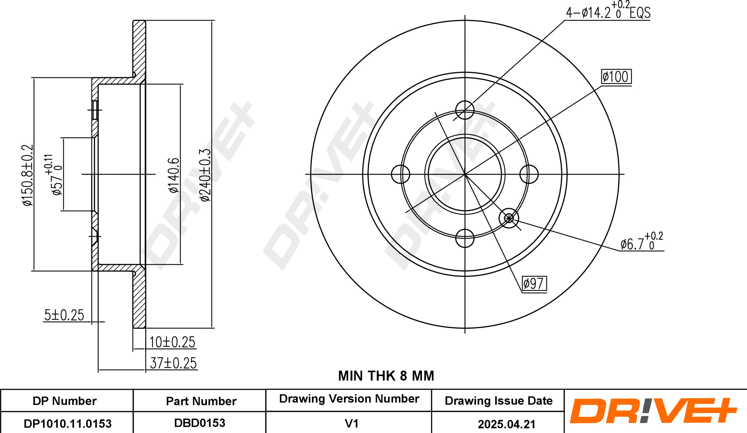 DR!VE+ Bremseskive dp1010110153 bagaksel fuld 240mm 10mm for OPEL VAUXHALL CHEVROLET