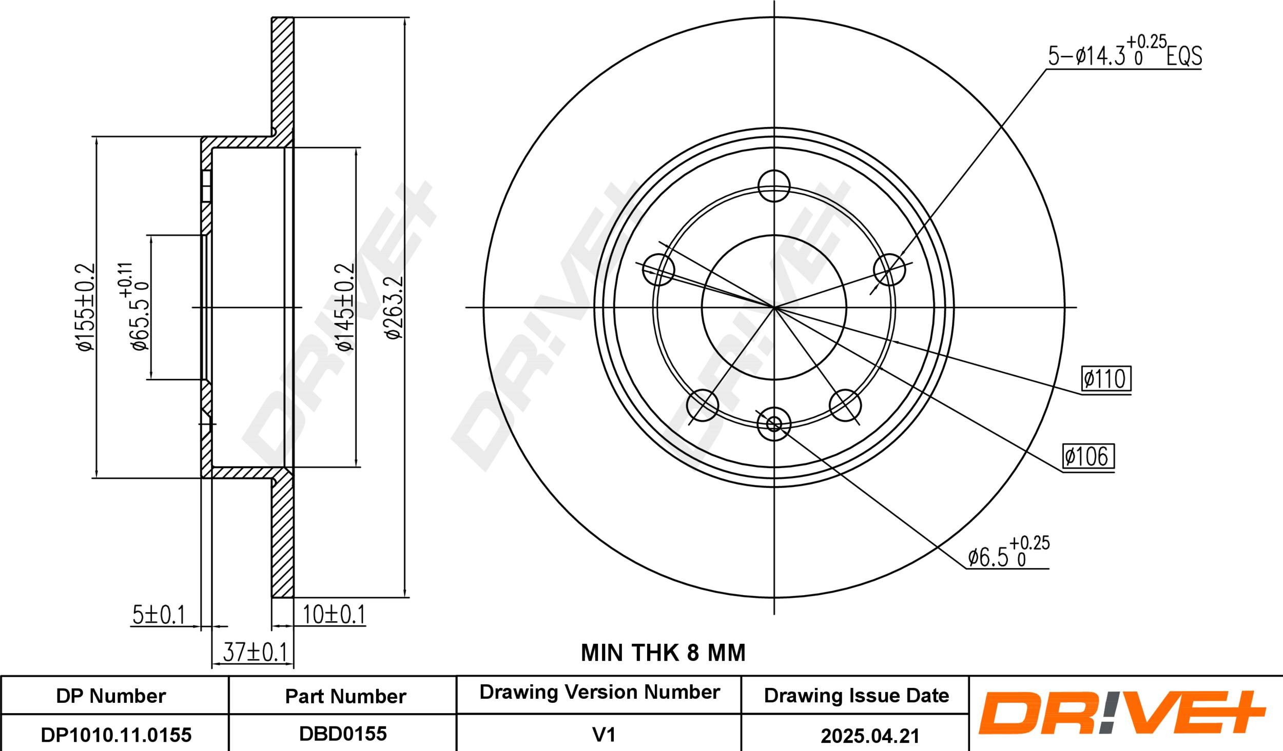 DR!VE+ Bremseskive dp1010110155 bagaksel fuld 264mm 10mm for CHEVROLET
