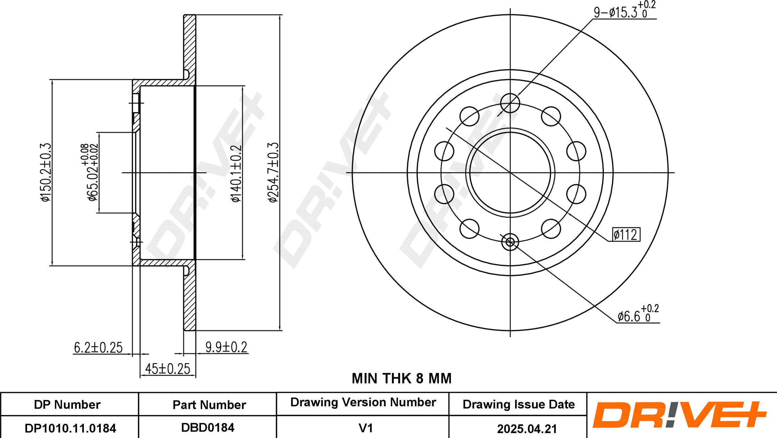 DR!VE+ Bremseskive dp1010110184 bagaksel fuld 255mm 10mm for VW