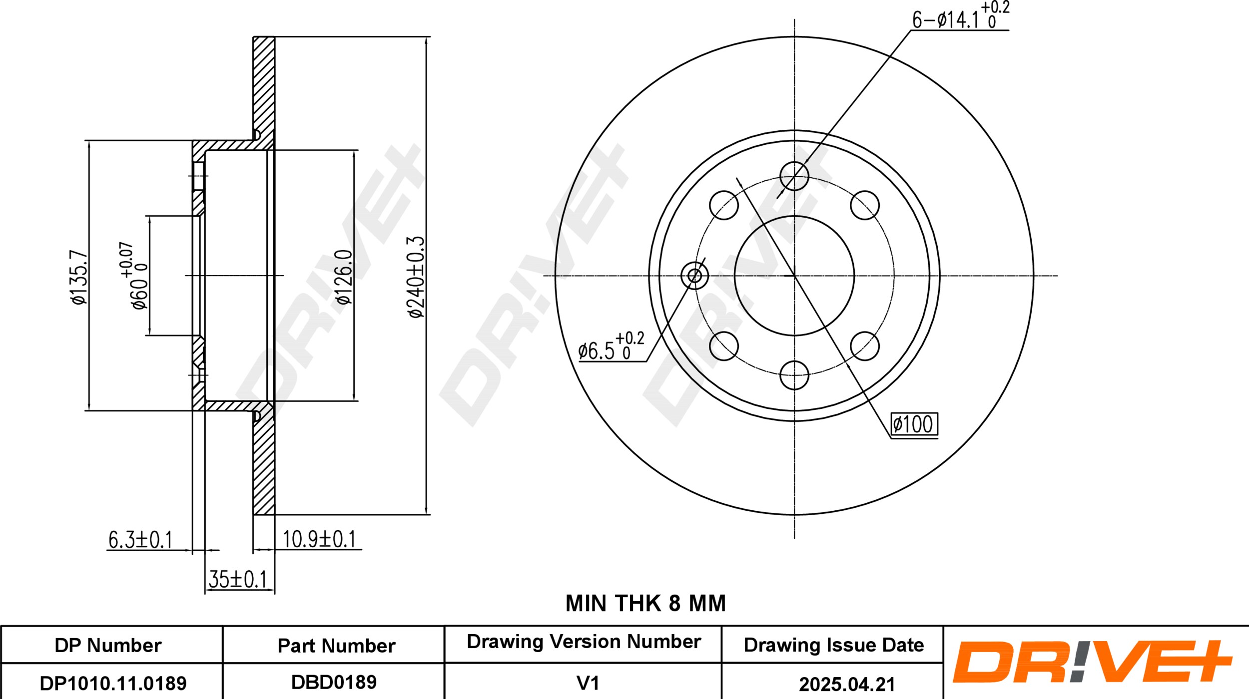 DR!VE+ Bremseskive dp1010110189 foraksel fuld 240mm 10,9mm for VAUXHALL OPEL CHEVROLET PONTIAC