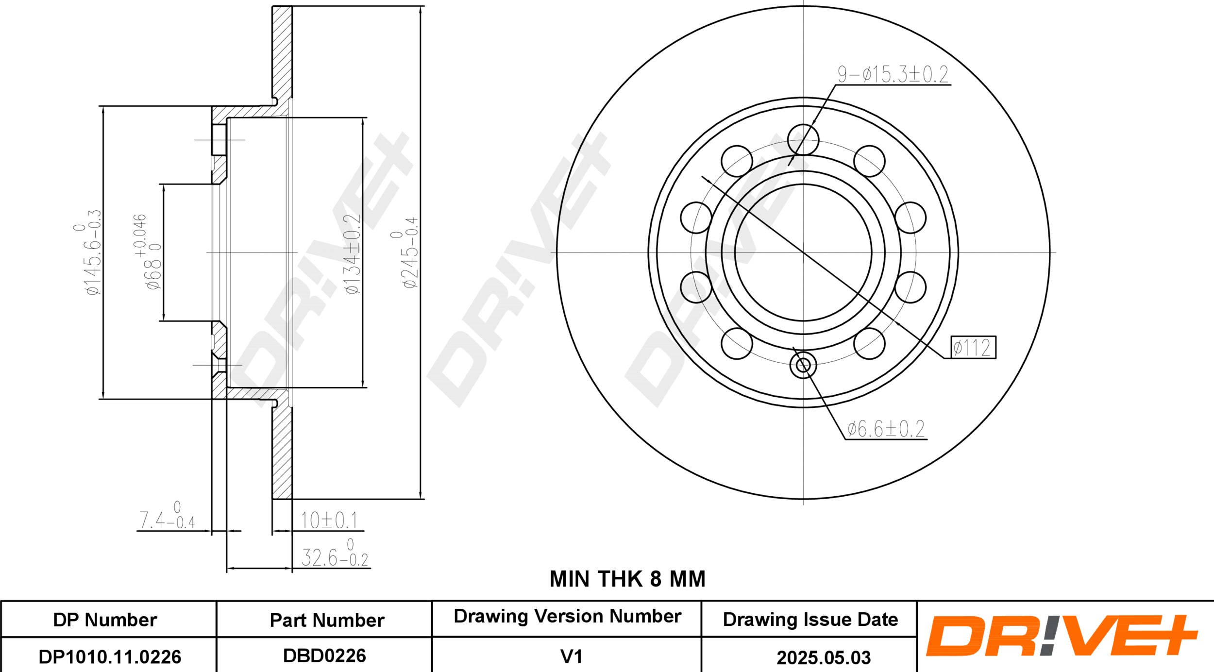 DR!VE+ Bremseskive dp1010110226 bagaksel fuld 245mm 9,9mm for VW