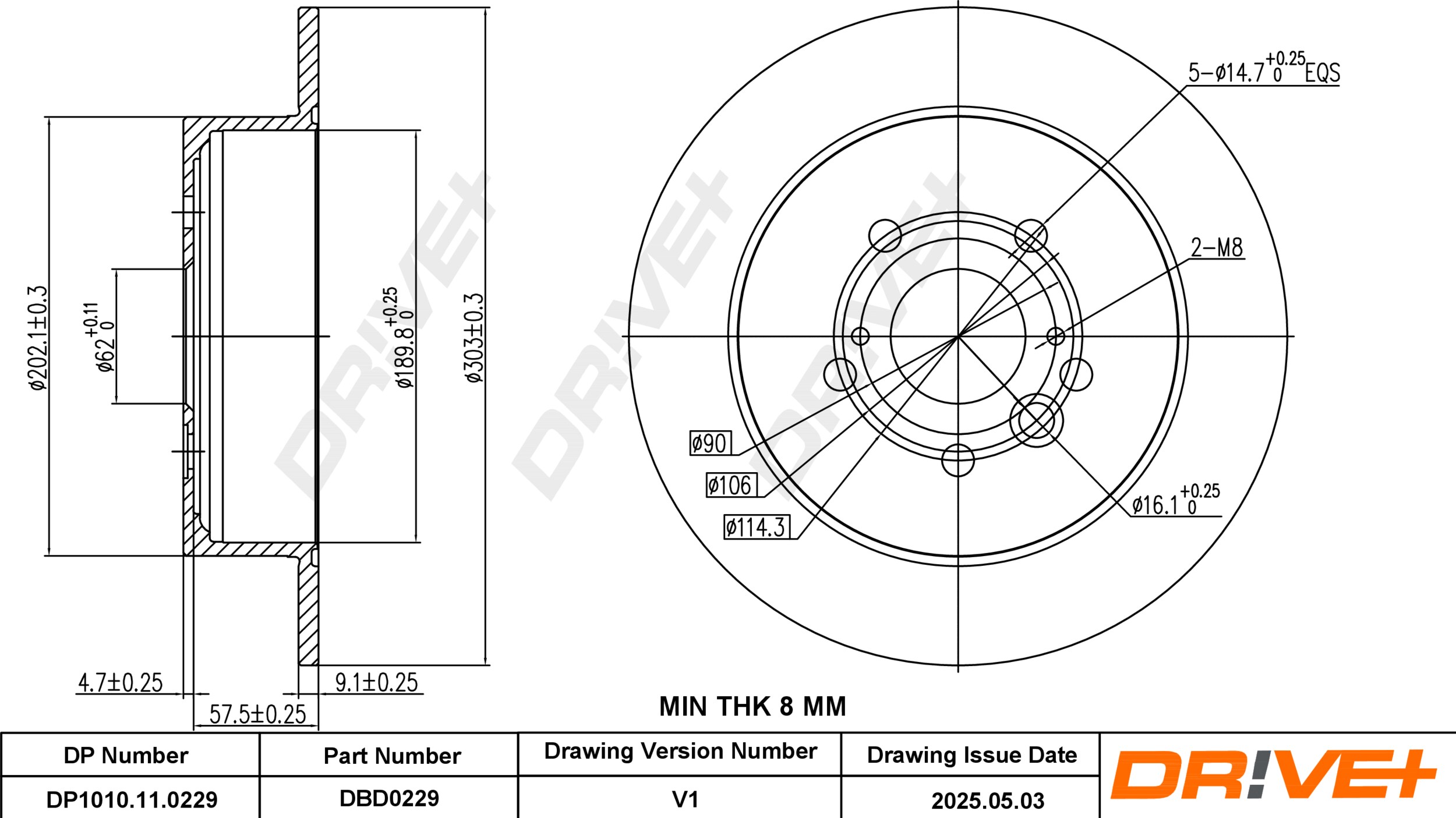 DR!VE+ Bremseskive dp1010110229 bagaksel fuld 303mm 9mm for DR TOYOTA CHERY