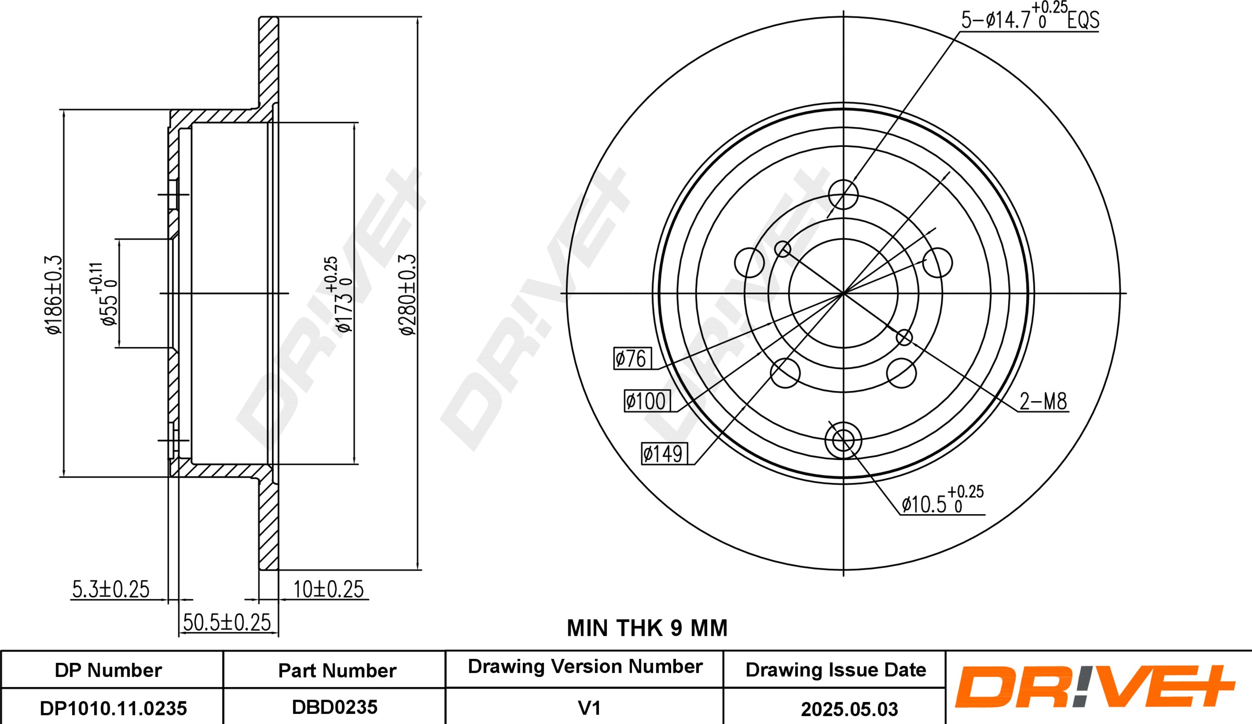 DR!VE+ Bremseskive dp1010110235 bagaksel fuld 280mm 10mm for TOYOTA