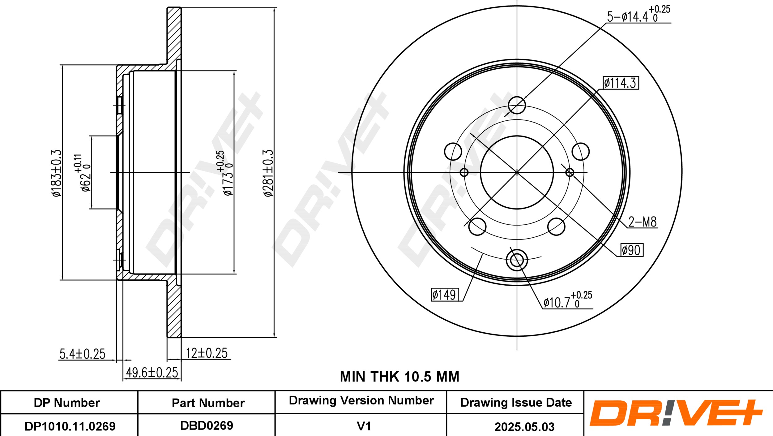 DR!VE+ Bremseskive dp1010110269 bagaksel fuld 281mm 12mm for LEXUS TOYOTA