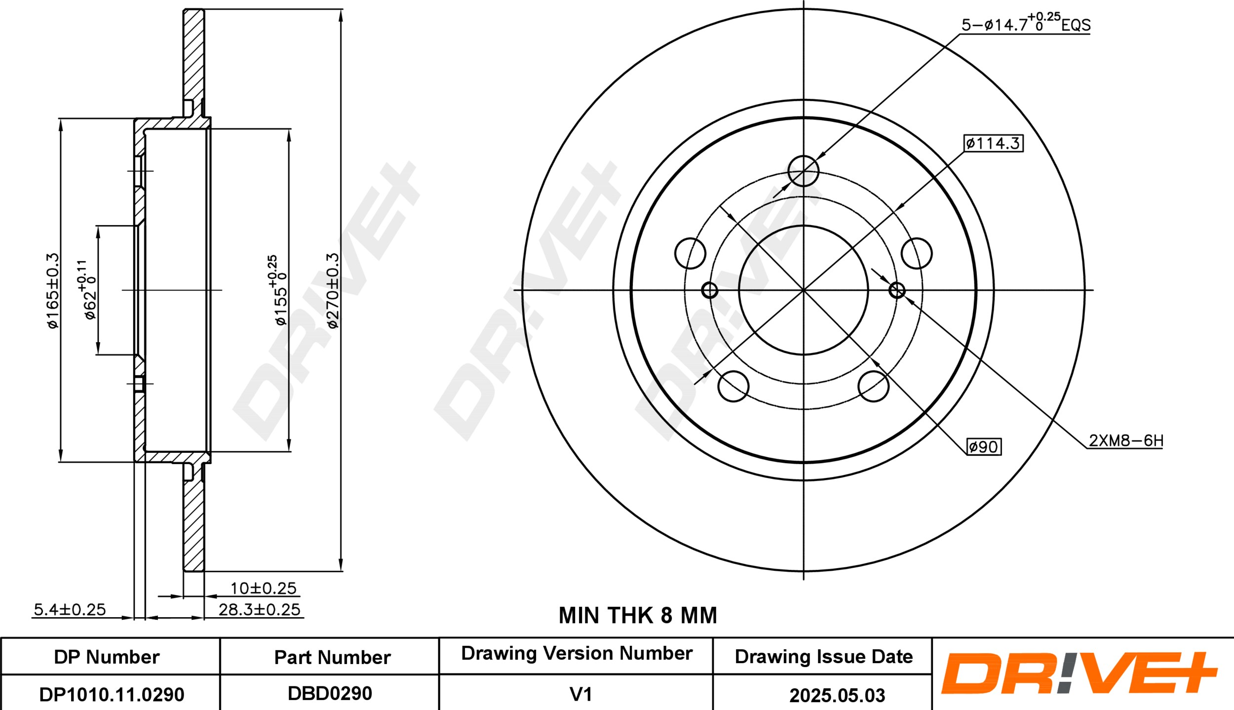 DR!VE+ Bremseskive dp1010110290 bagaksel fuld 270mm 10mm for TOYOTA