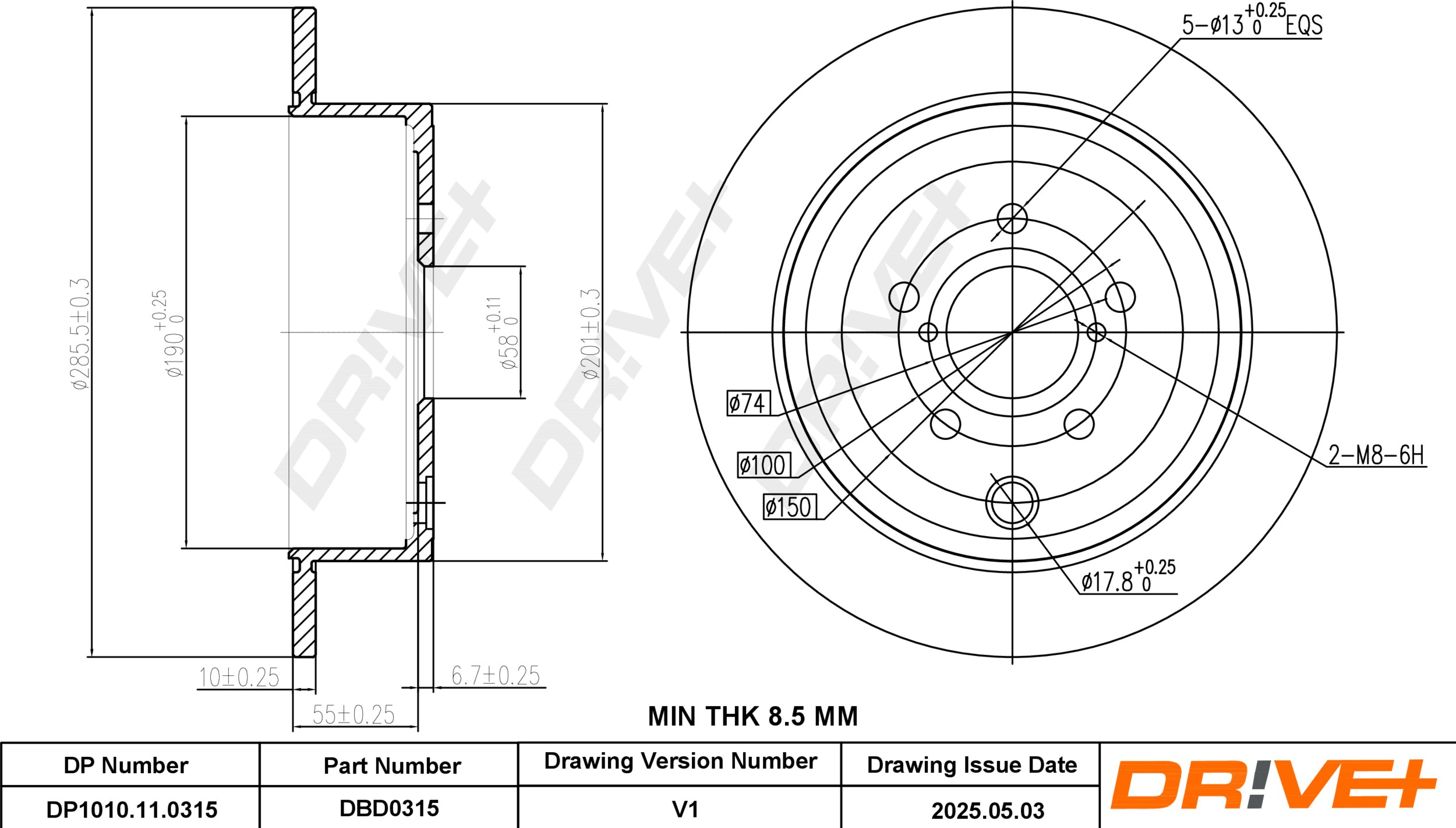DR!VE+ Bremseskive dp1010110315 bagaksel fuld 286mm 10mm for SUBARU SCION