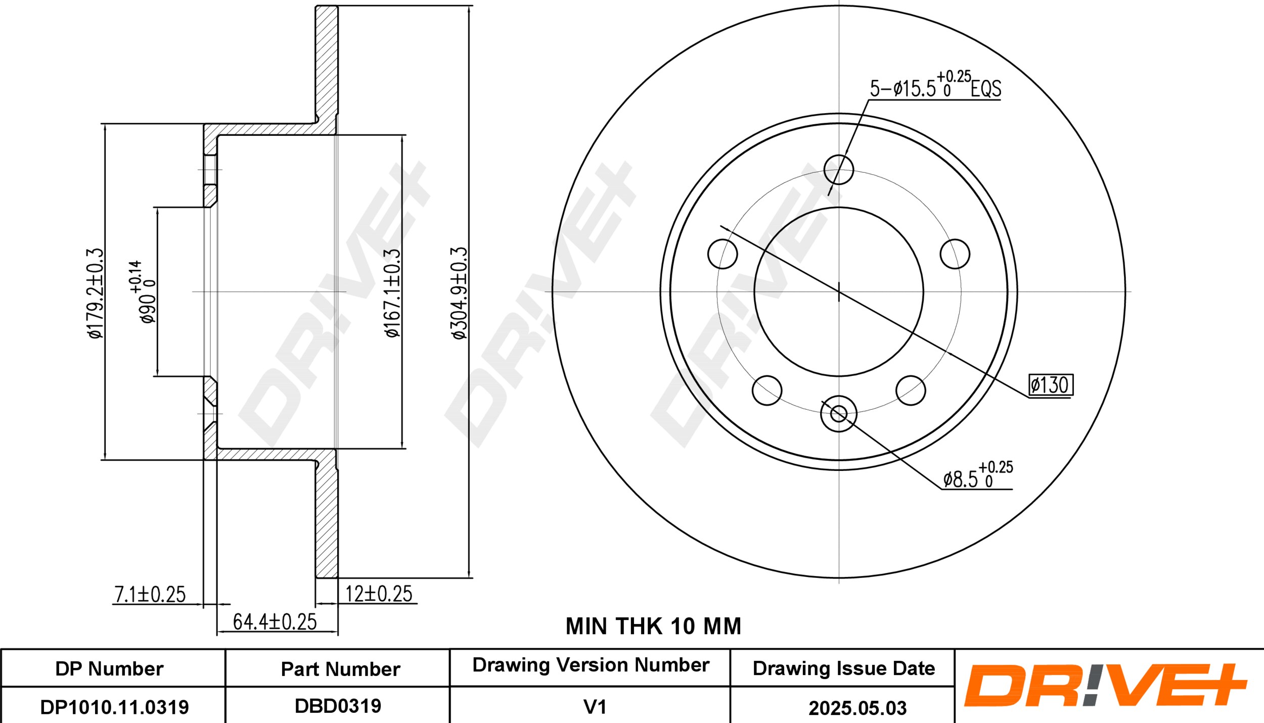 DR!VE+ Bremseskive dp1010110319 bagaksel fuld 305mm 12mm for VAUXHALL OPEL NISSAN RENAULT