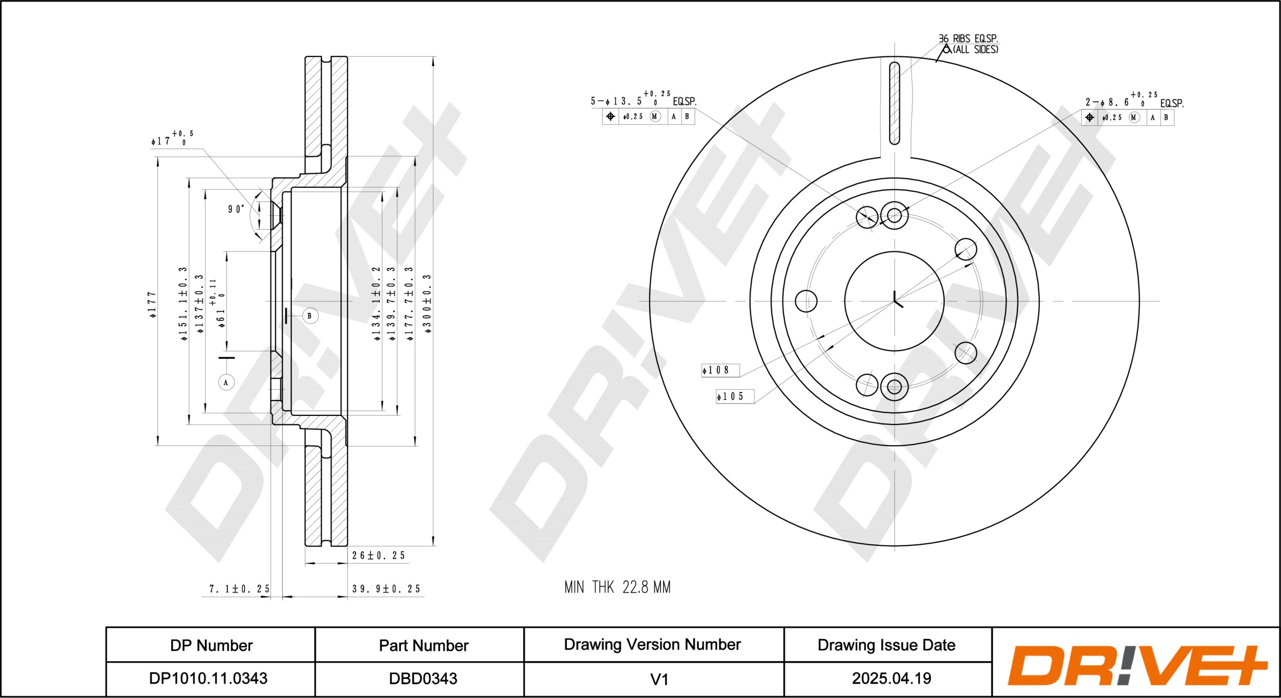 DR!VE+ Bremseskive dp1010110343 foraksel ventileret 300mm 26mm for RENAULT