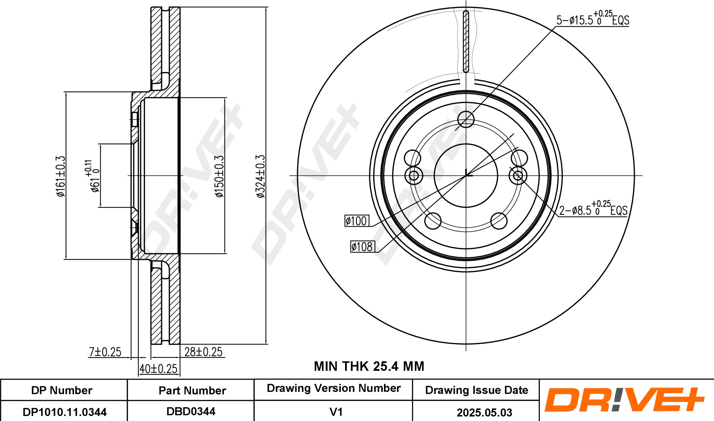 DR!VE+ Bremseskive dp1010110344 foraksel ventileret 324mm 28mm for RENAULT