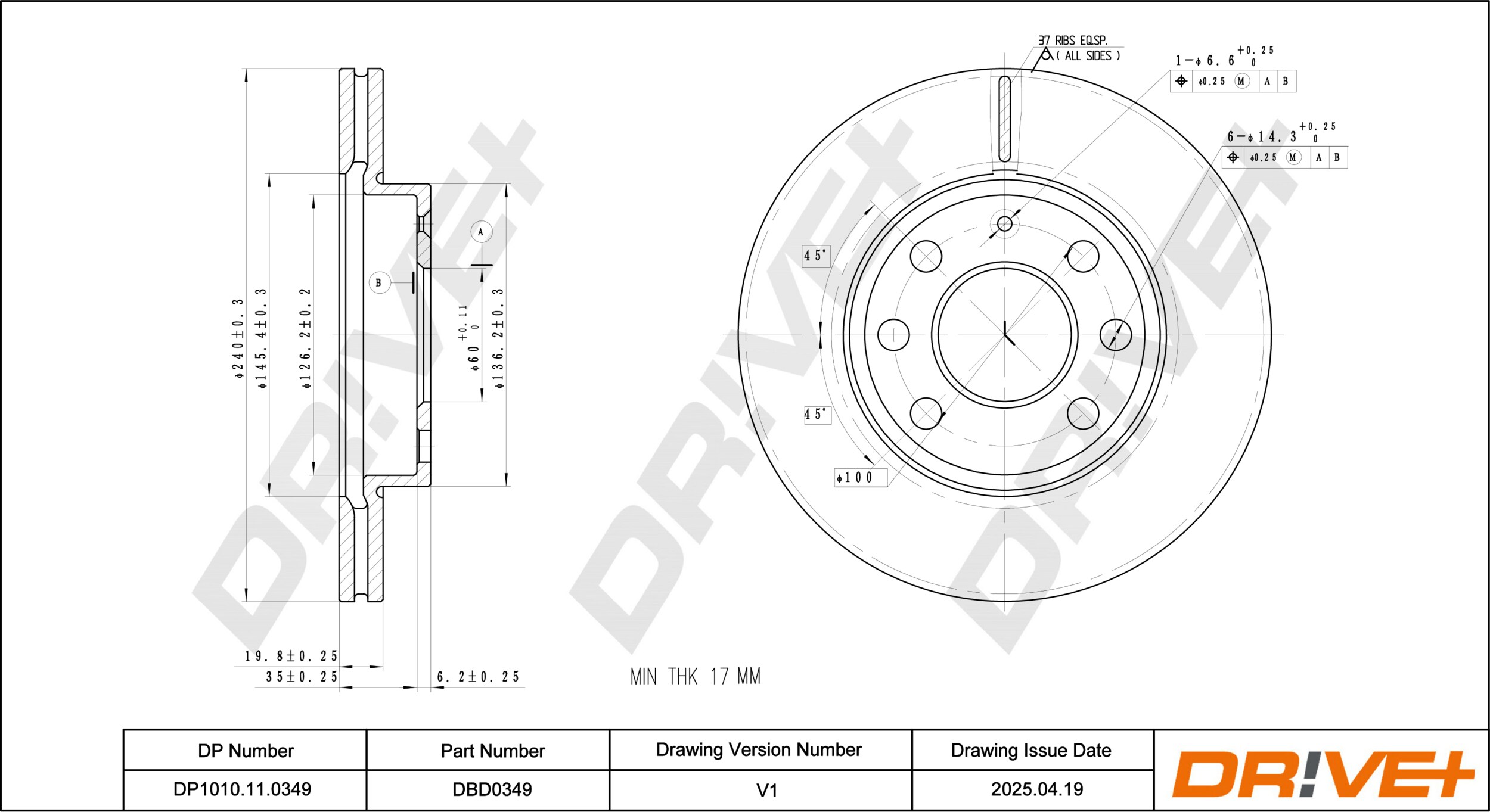 DR!VE+ Bremseskive dp1010110349 foraksel ventileret 240mm 20mm for VAUXHALL