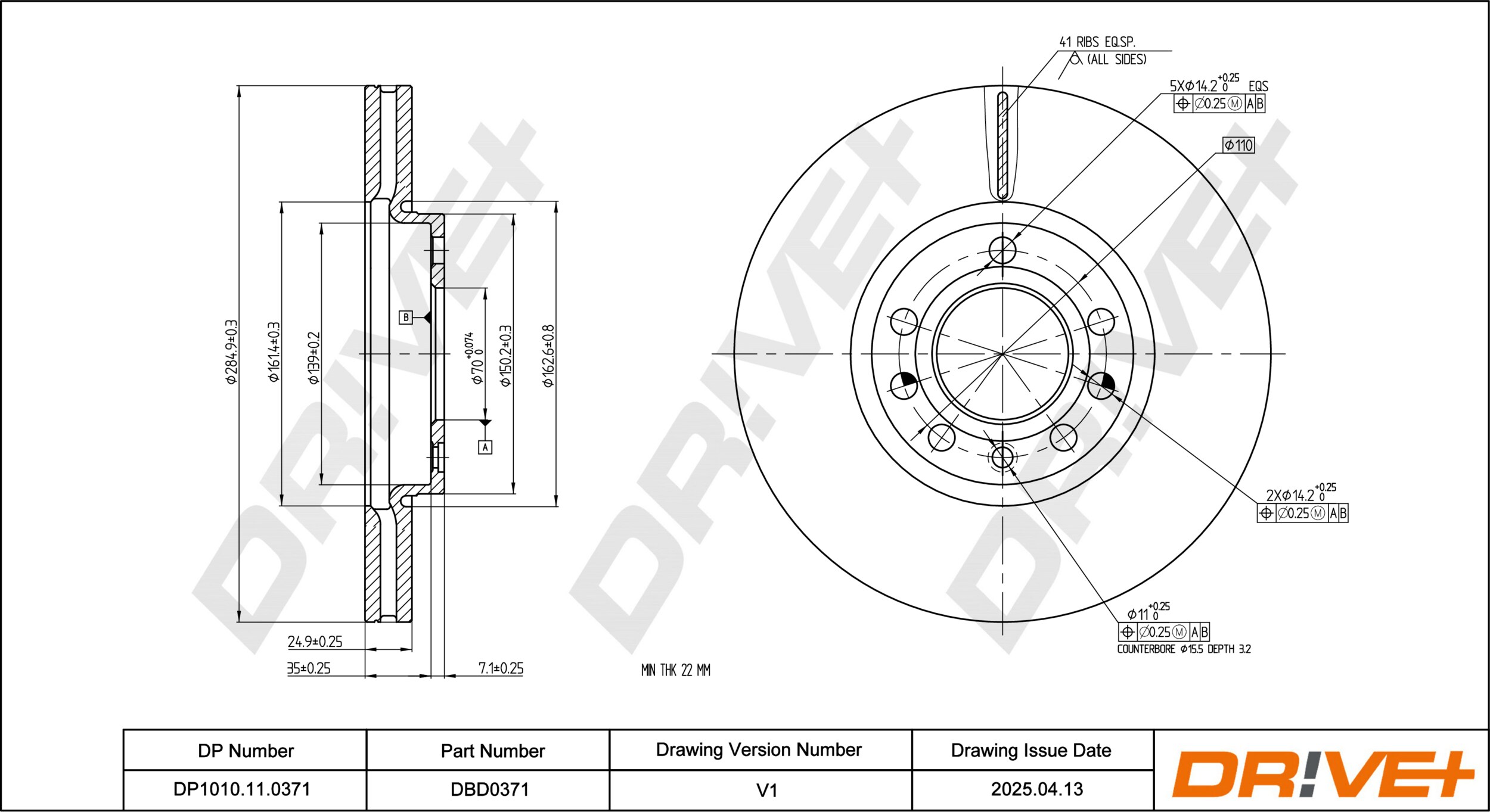 DR!VE+ Bremseskive dp1010110371 foraksel ventileret 285mm 25mm for VAUXHALL SAAB FIAT CADILLAC