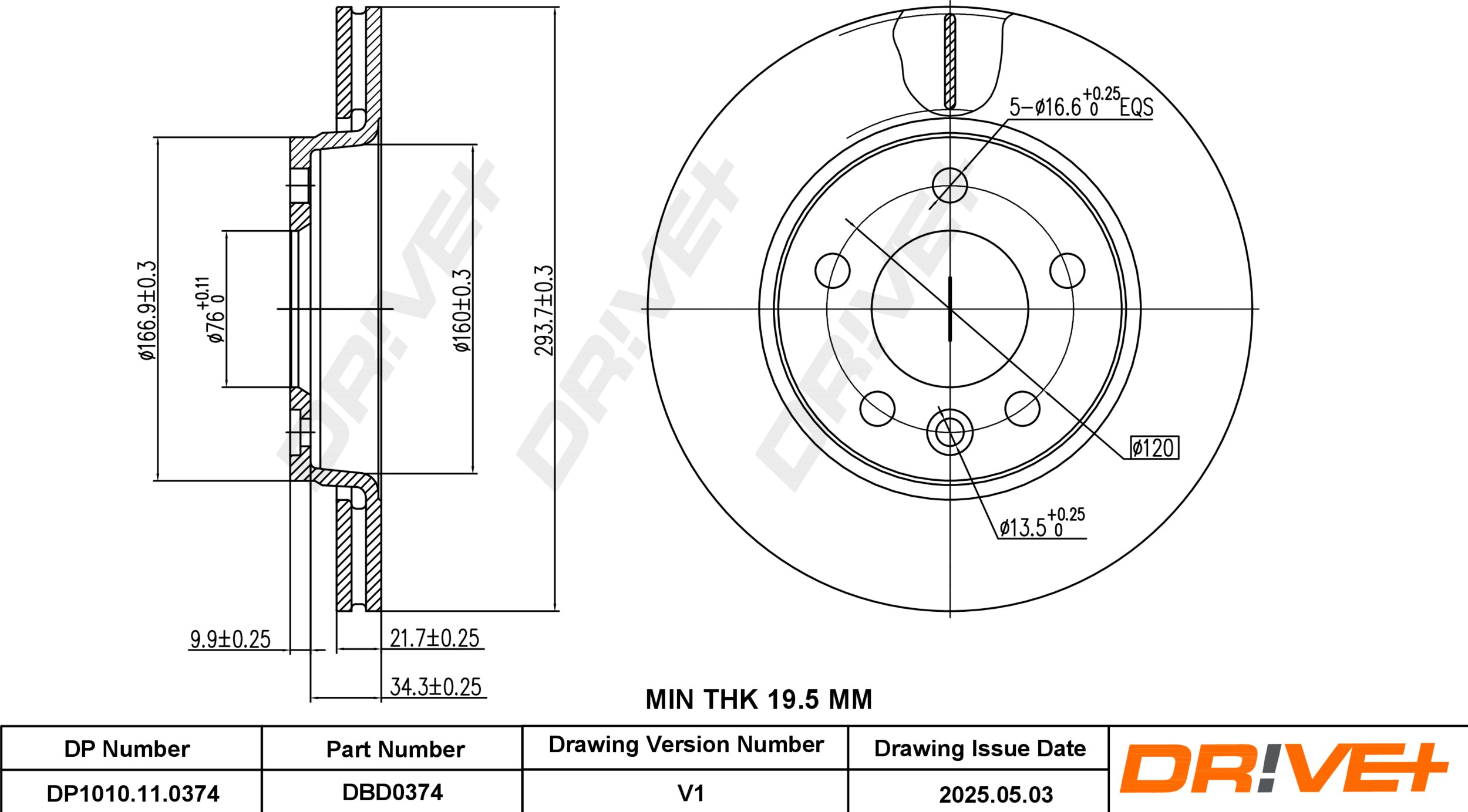 DR!VE+ Bremseskive dp1010110374 bagaksel ventileret 294mm 22mm for VW