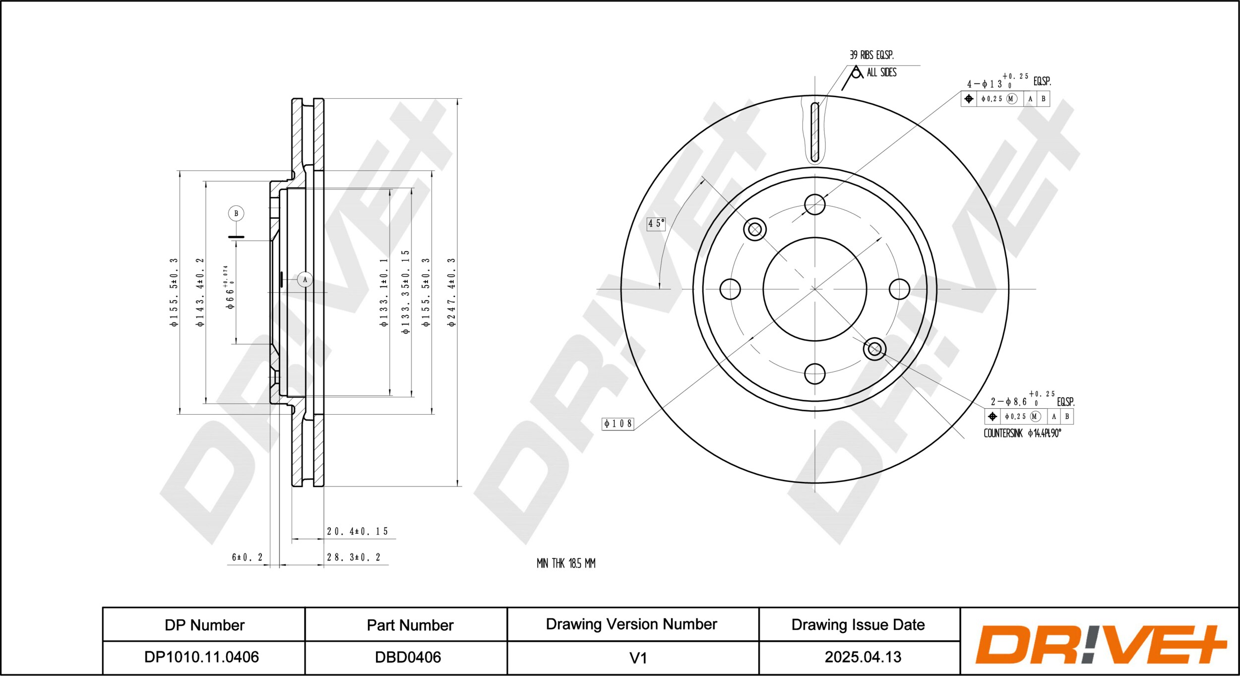 DR!VE+ Bremseskive dp1010110406 foraksel ventileret 247mm 20mm for CITROËN PEUGEOT MAPLE (SMA) LIFAN