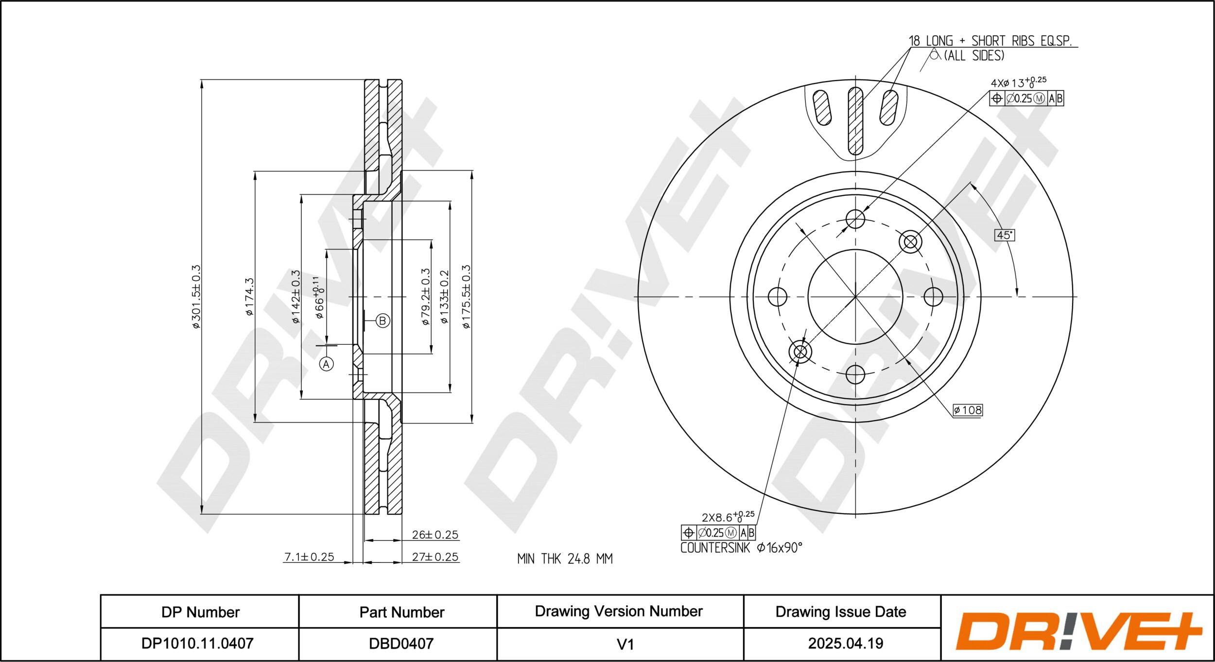 DR!VE+ Bremseskive dp1010110407 foraksel ventileret 302mm 26mm for PEUGEOT VAUXHALL DS