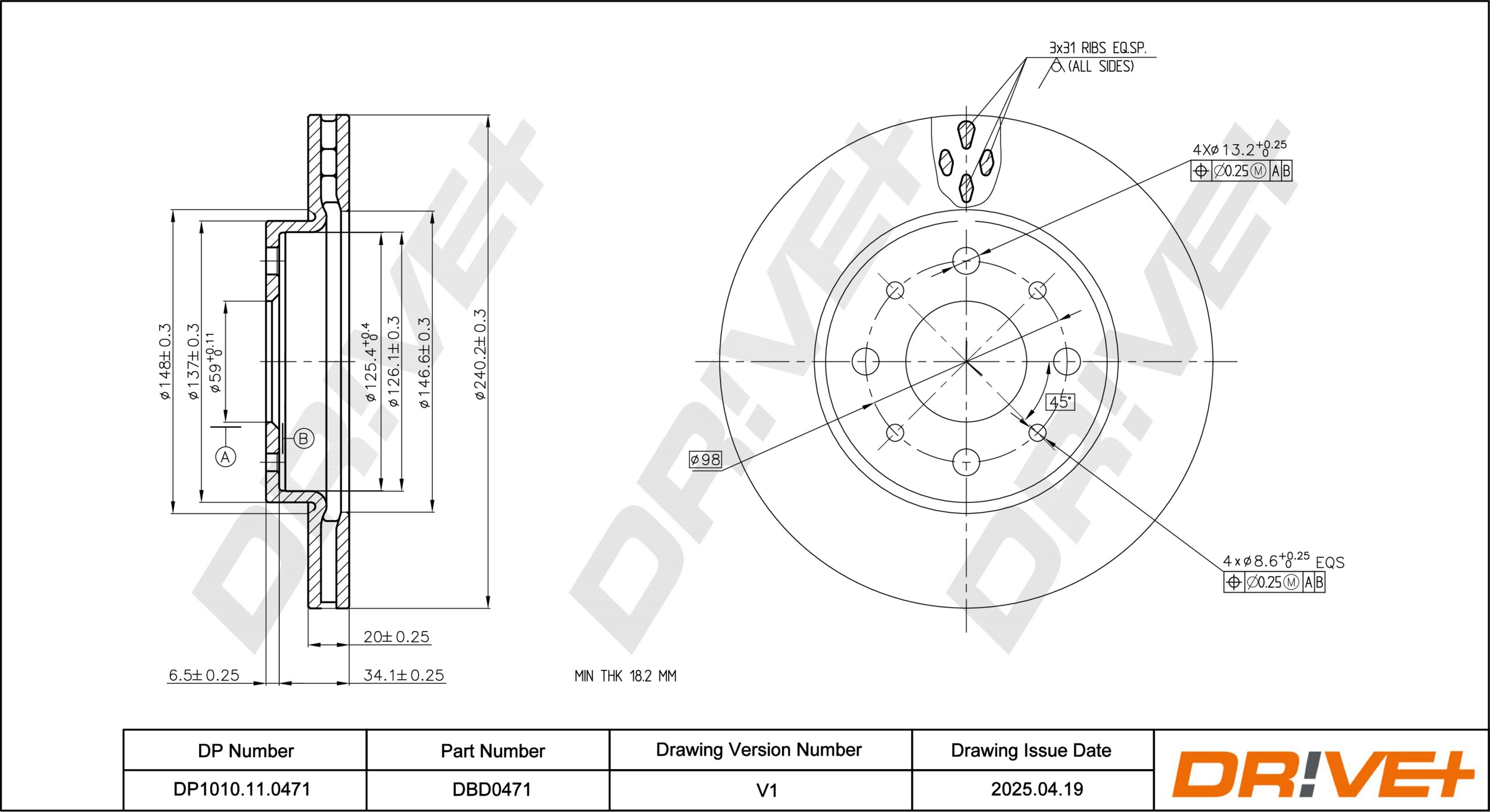 DR!VE+ Bremseskive dp1010110471 foraksel ventileret 241mm 20mm for FORD FIAT