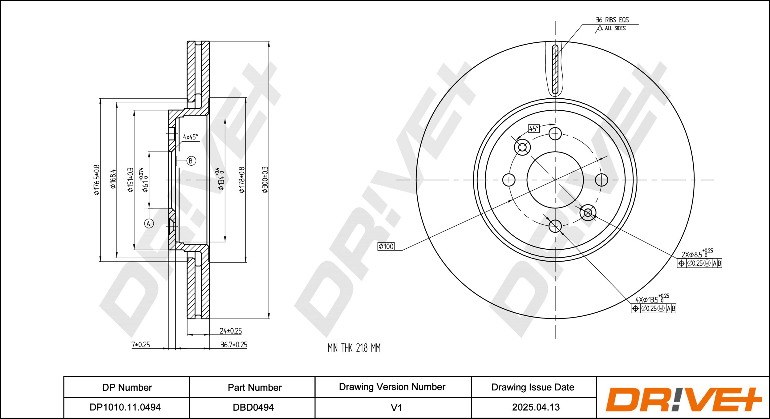 DR!VE+ Bremseskive dp1010110494 foraksel ventileret 300mm 24mm for RENAULT DONGFENG