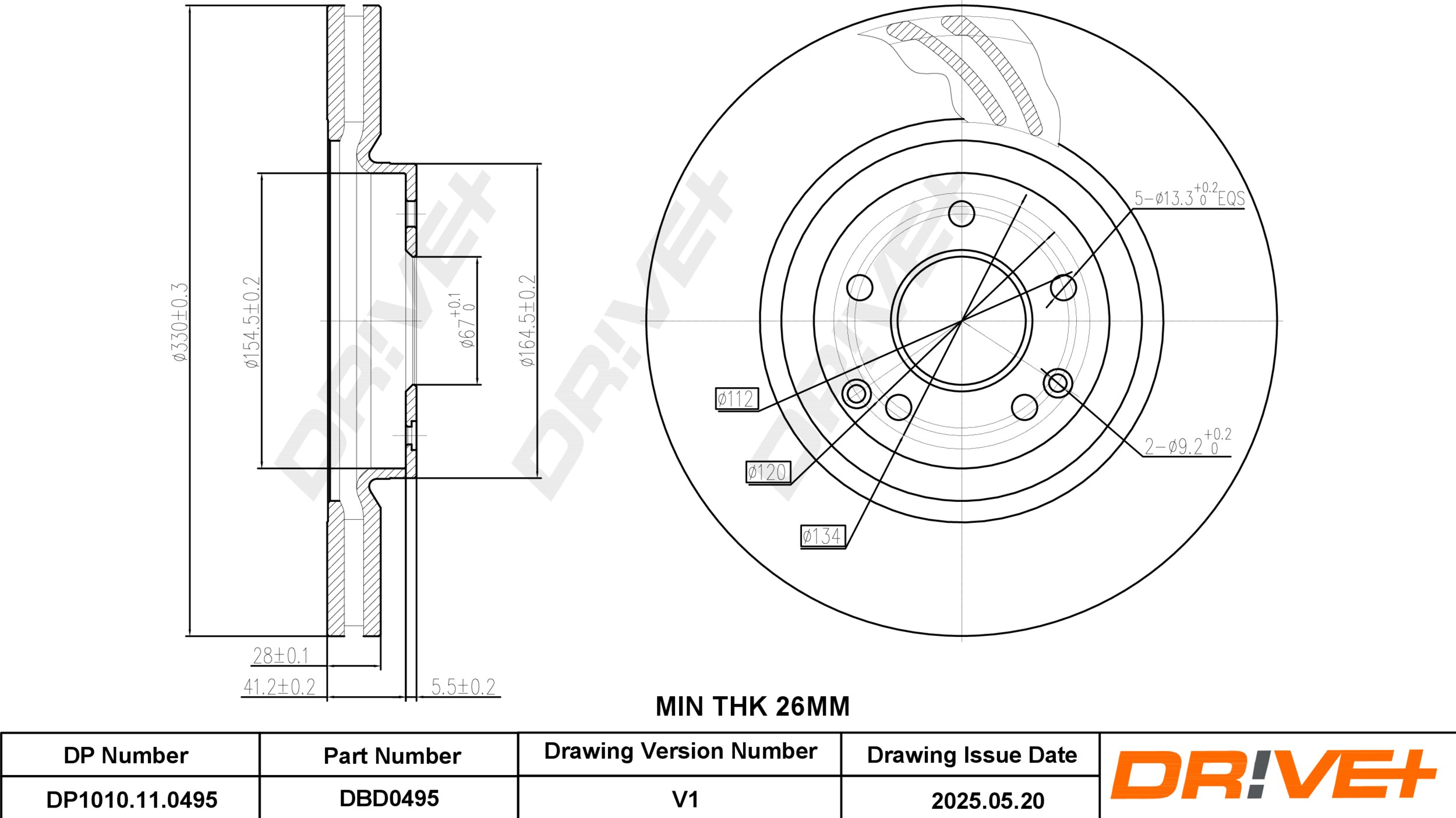 DR!VE+ Bremseskive dp1010110495 foraksel ventileret 330mm 28mm for MERCEDES-BENZ
