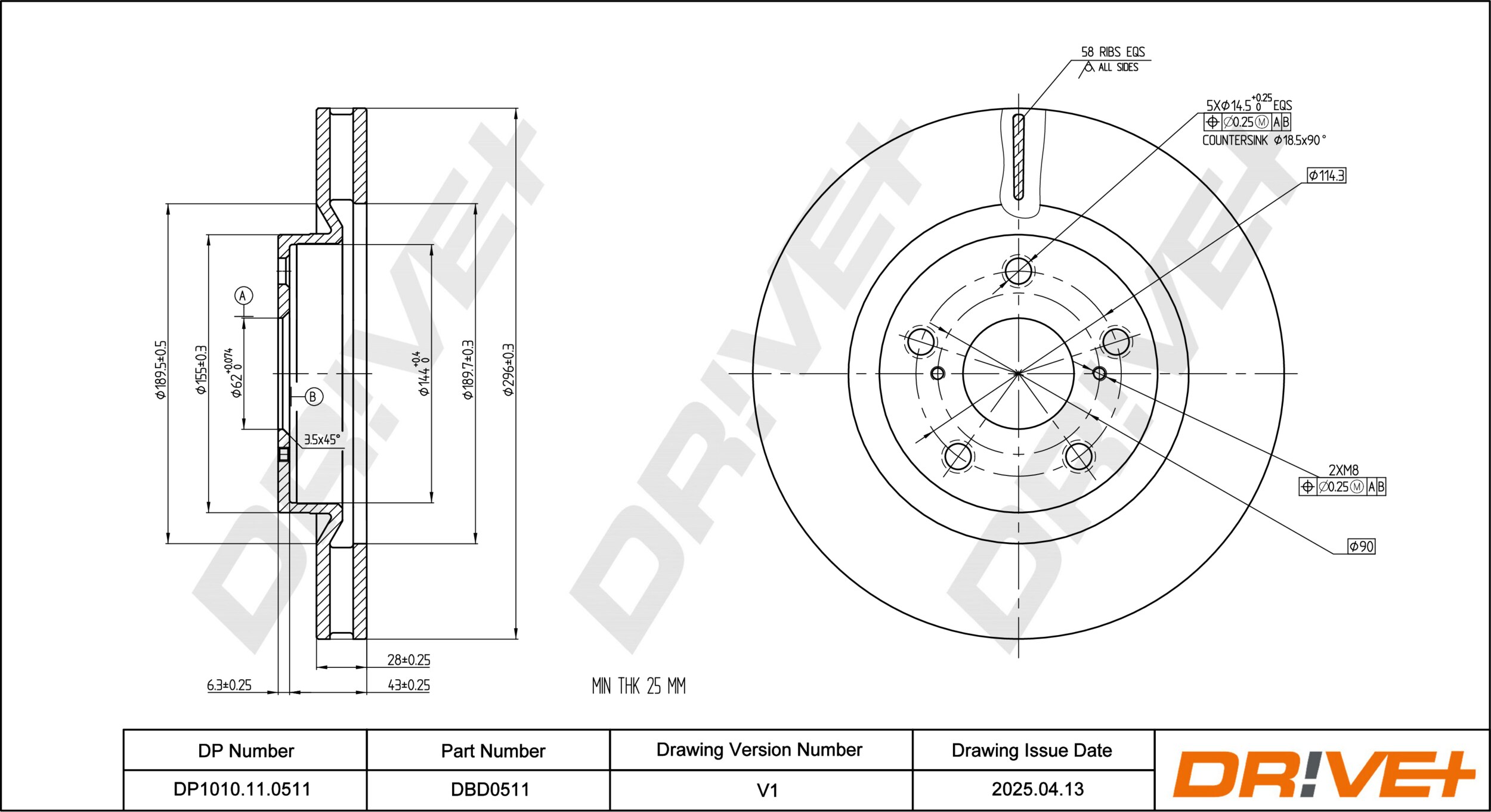 DR!VE+ Bremseskive dp1010110511 foraksel ventileret 296mm 28mm for TOYOTA LEXUS SCION TOYOTA (GAC)