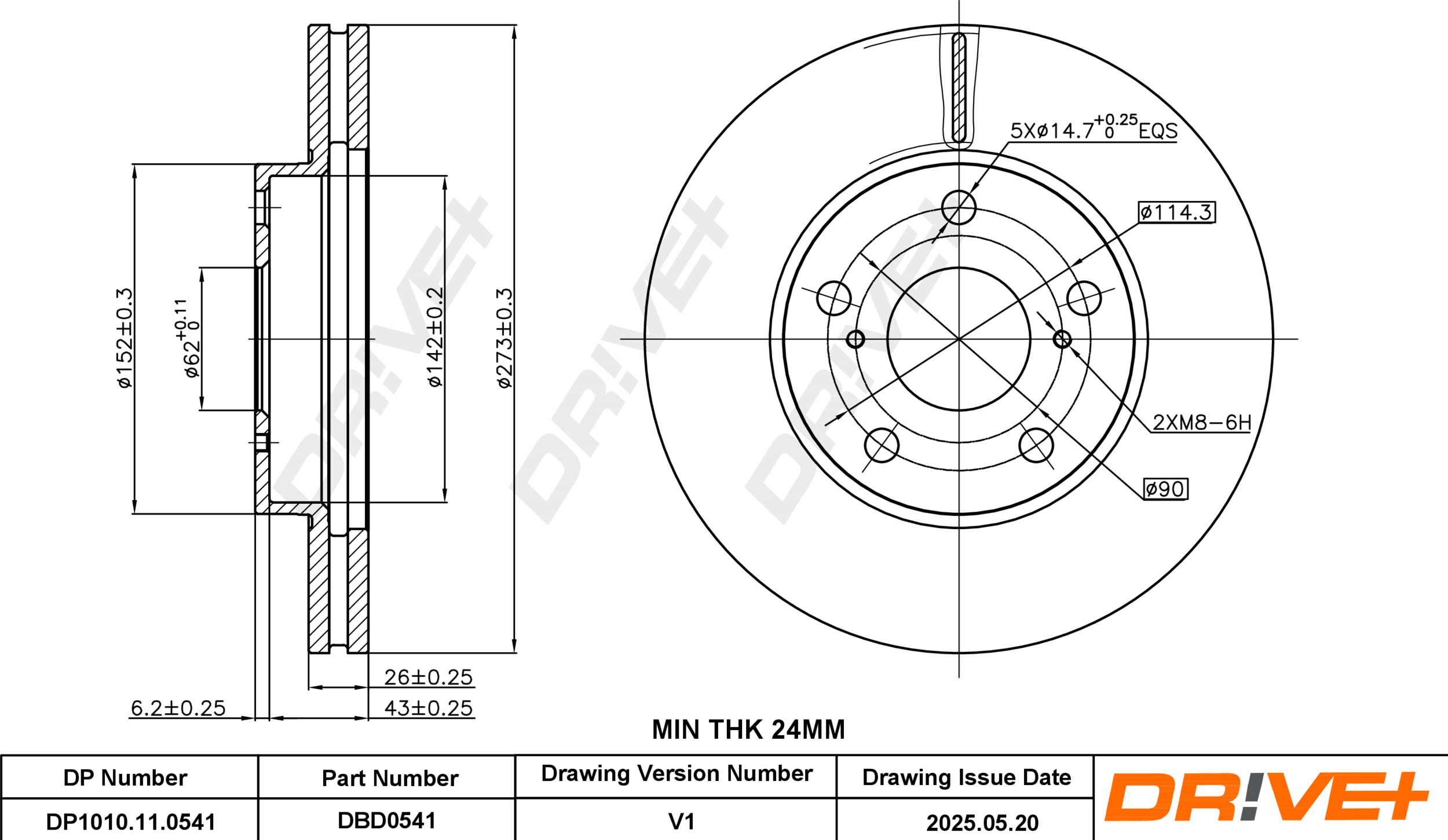 DR!VE+ Bremseskive dp1010110541 foraksel ventileret 273mm 26mm for TOYOTA