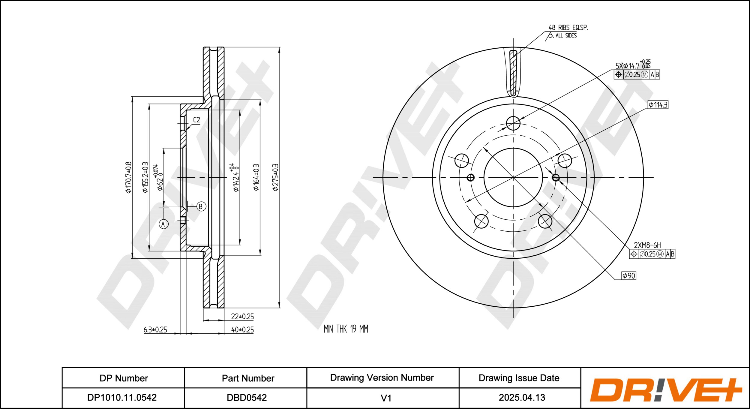 DR!VE+ Bremseskive dp1010110542 foraksel ventileret 275mm 22mm for TOYOTA (FAW) TOYOTA