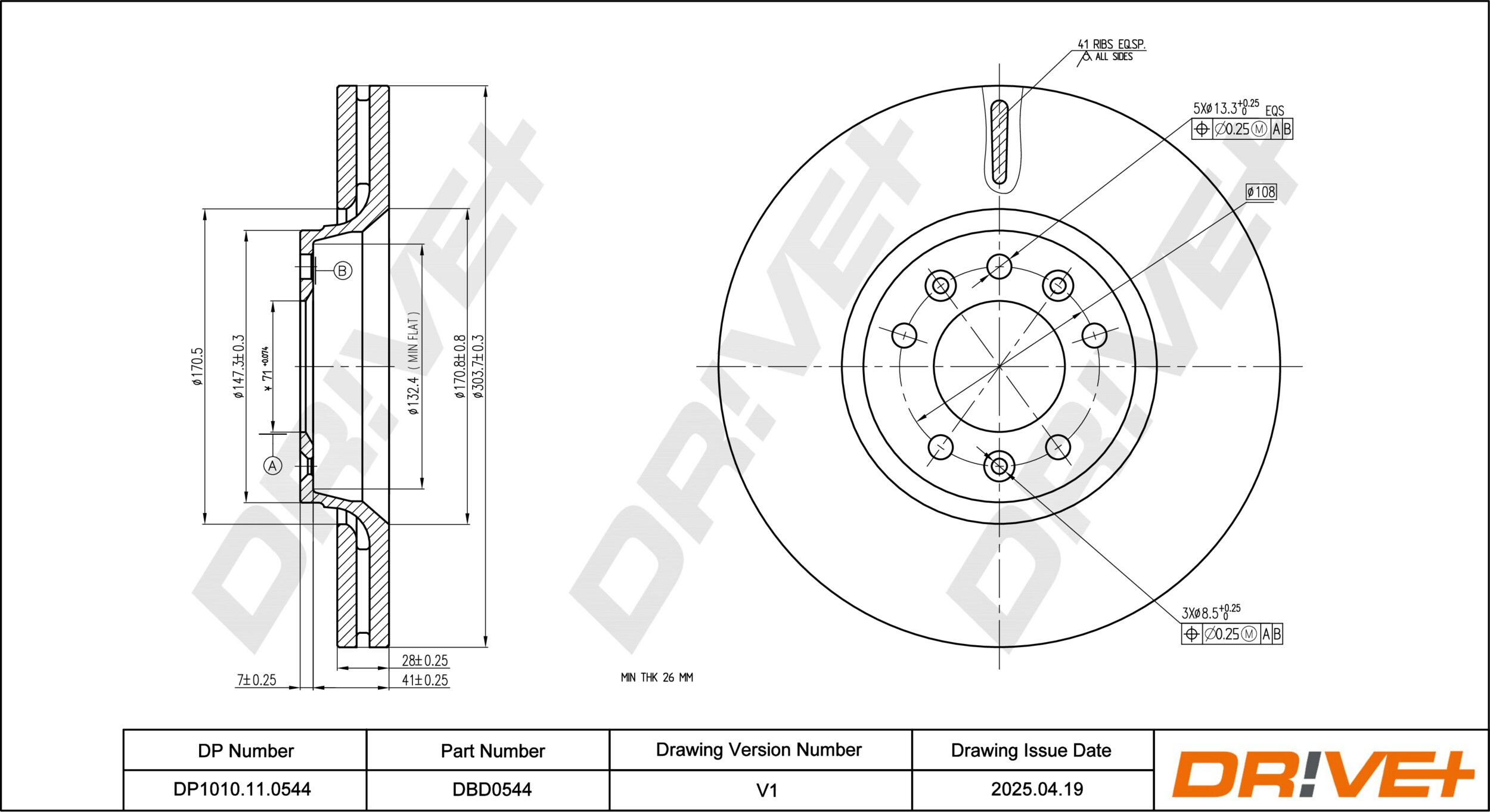 DR!VE+ Bremseskive dp1010110544 foraksel ventileret 304mm 28mm for PEUGEOT FIAT TOYOTA