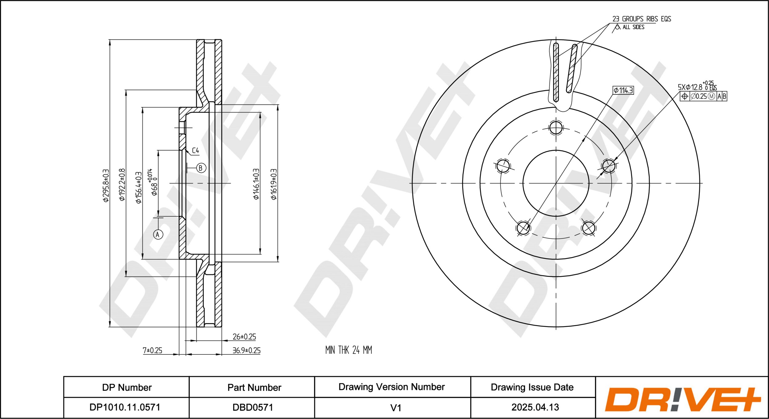 DR!VE+ Bremseskive dp1010110571 foraksel ventileret 296mm 26mm for NISSAN