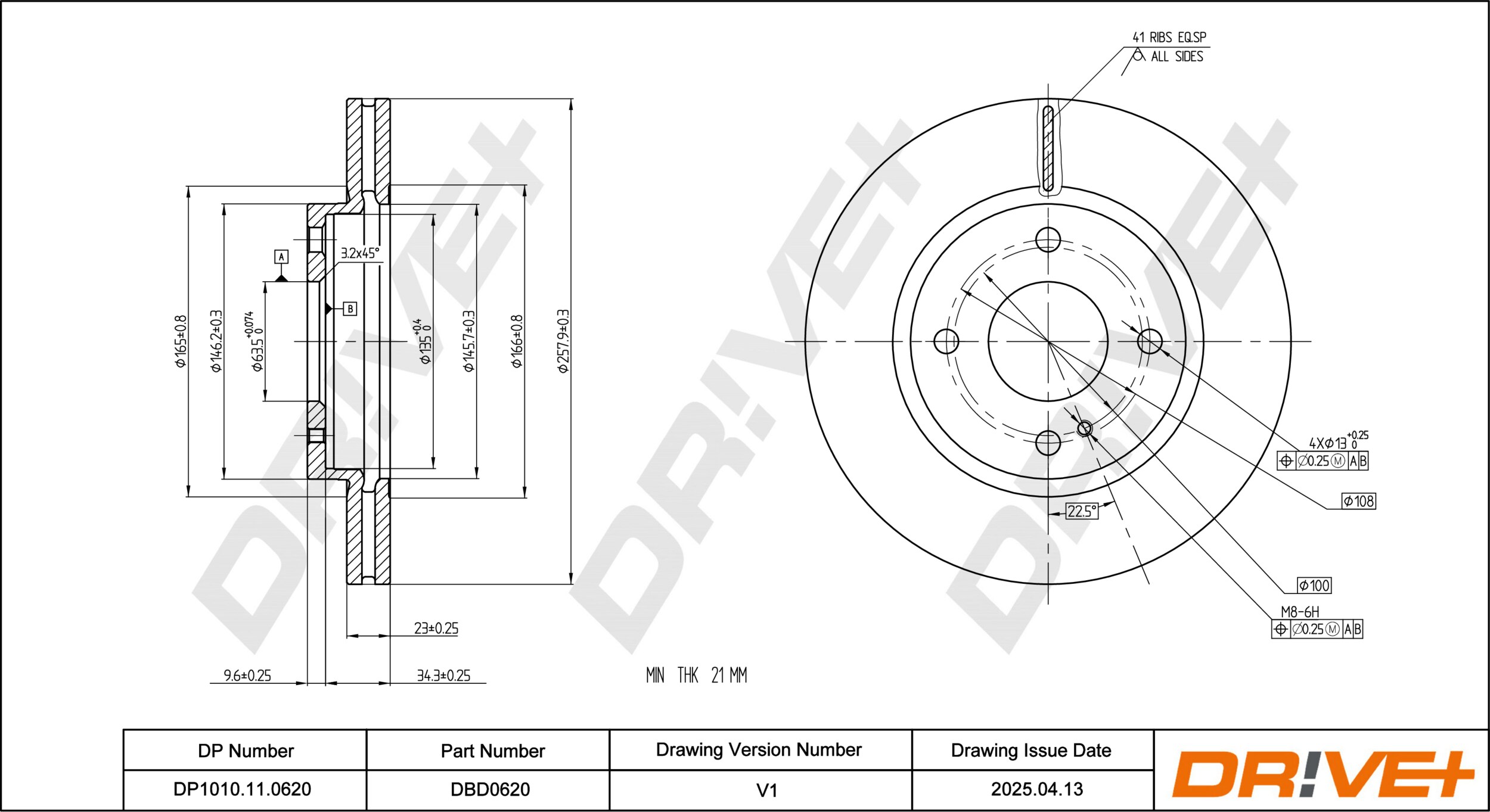 DR!VE+ Bremseskive dp1010110620 foraksel ventileret 258mm 23mm for FORD ASIA & OCEANIA FORD