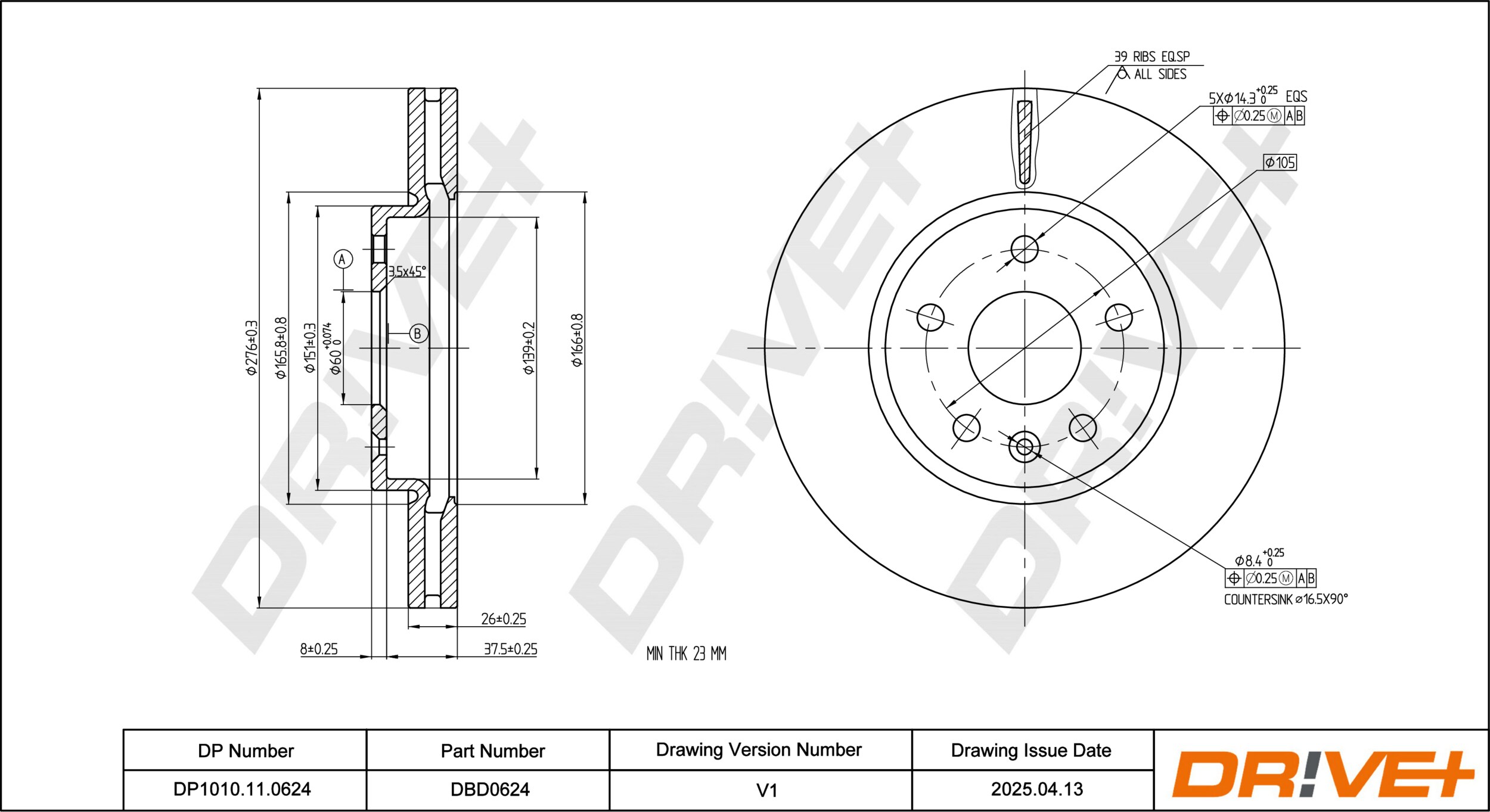 DR!VE+ Bremseskive dp1010110624 foraksel ventileret 276mm 26mm for CHEVROLET BUICK CHEVROLET (SGM) VAUXHALL