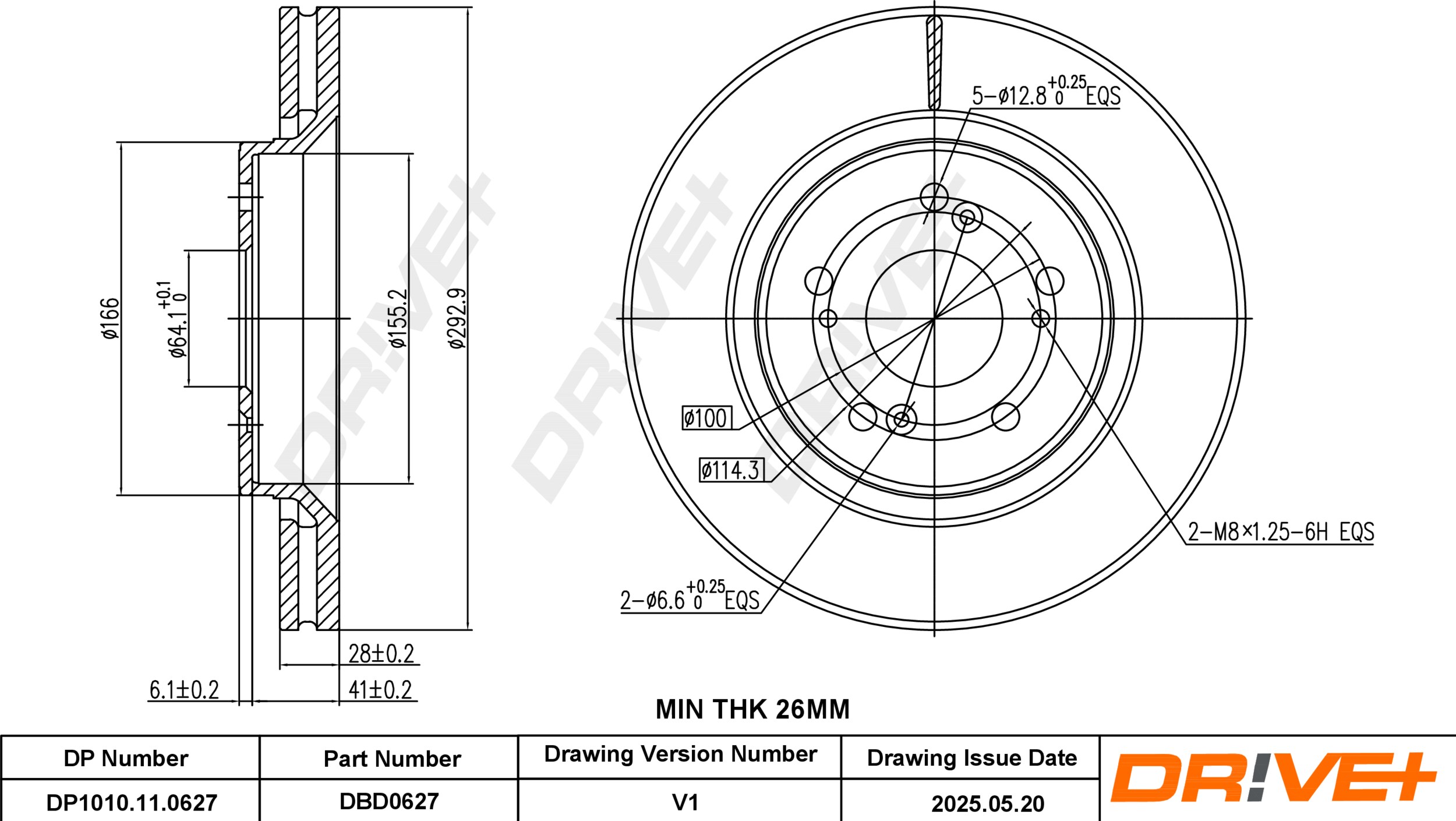 DR!VE+ Bremseskive dp1010110627 foraksel ventileret 293mm 28mm for HONDA