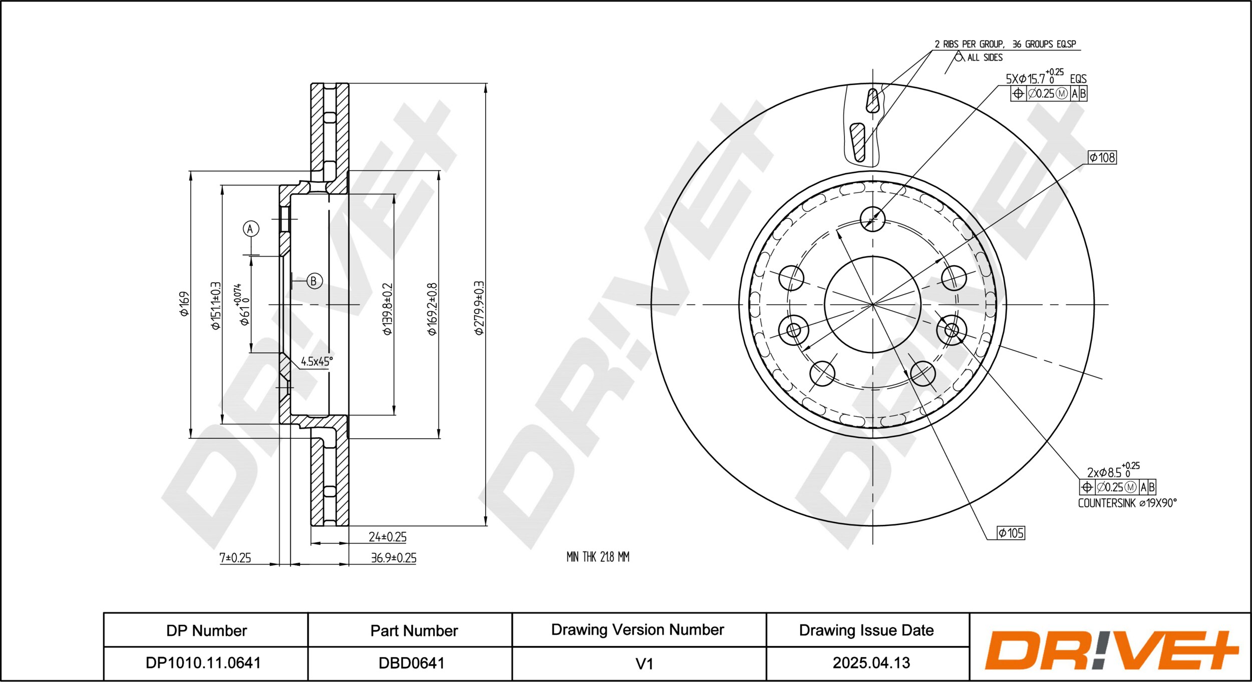 DR!VE+ Bremseskive dp1010110641 foraksel ventileret 280mm 24mm for MERCEDES-BENZ NISSAN RENAULT