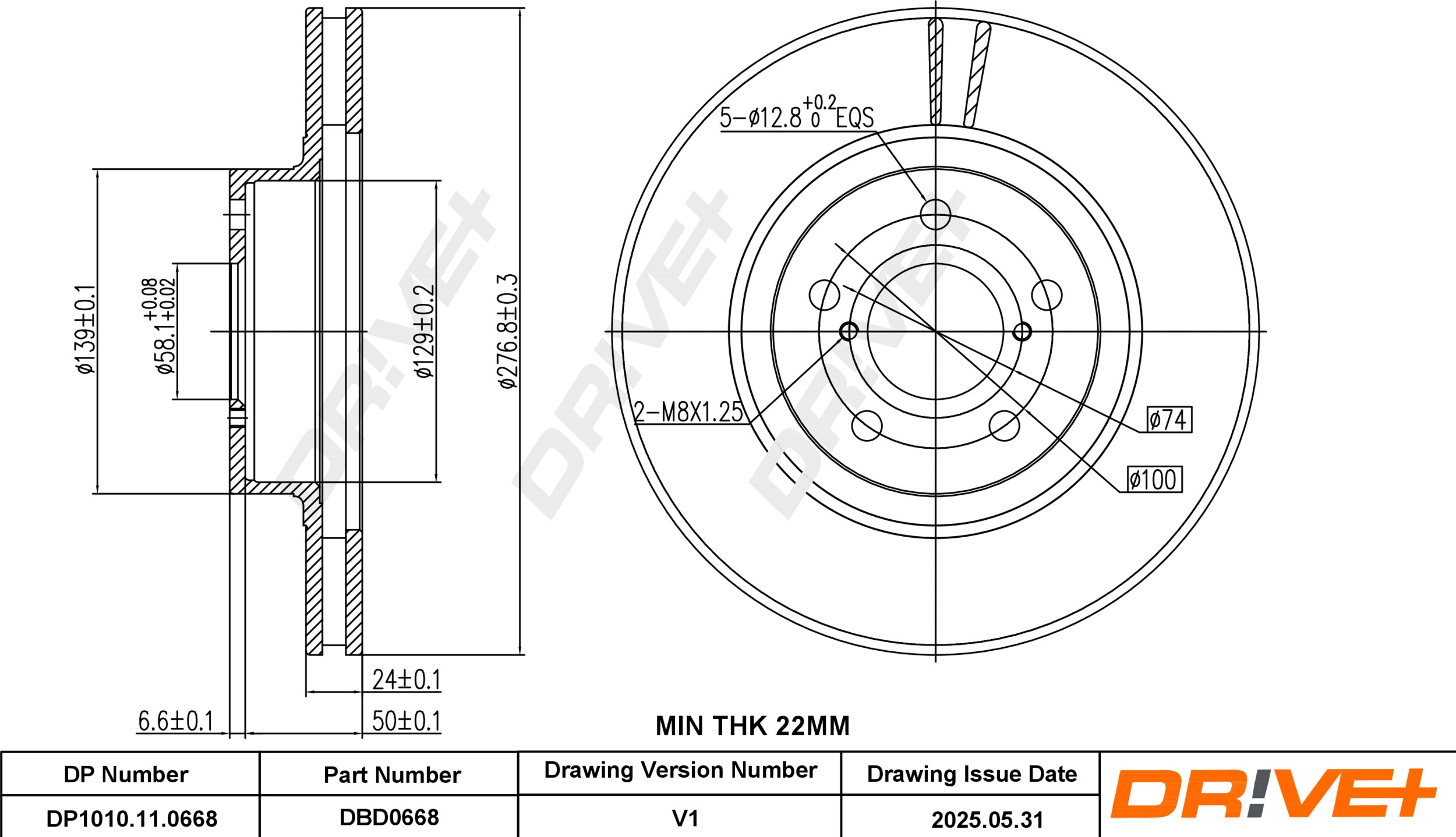 DR!VE+ Bremseskive dp1010110668 foraksel ventileret 277mm 24mm for SUBARU SCION