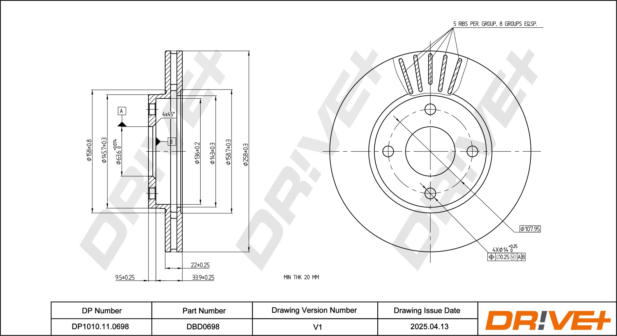 DR!VE+ Bremseskive dp1010110698 foraksel ventileret 258mm 22mm for FORD FORD ASIA & OCEANIA MAZDA MITSUBISHI